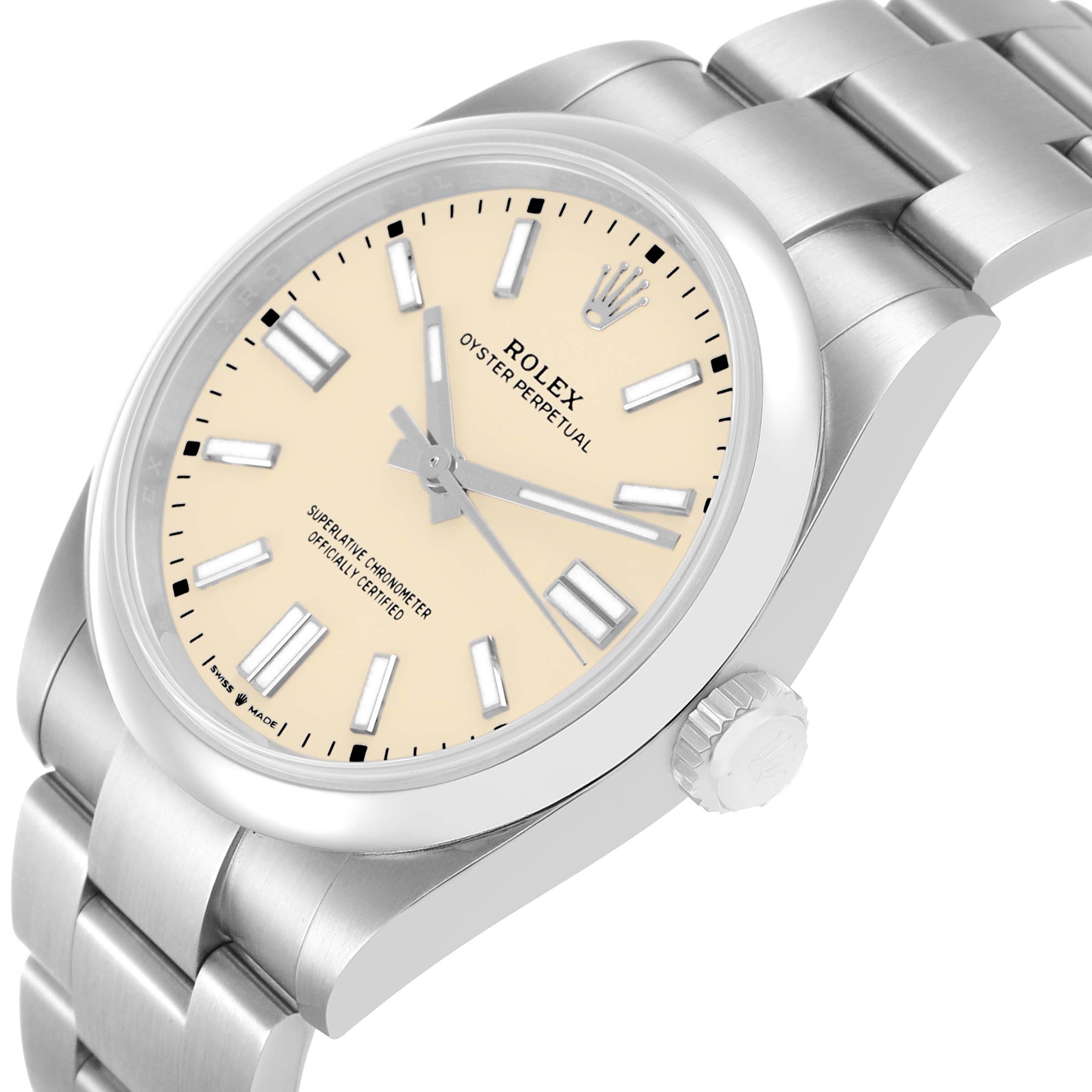 The Rolex Oyster Perpetual 134300 Men's Stainless Steel Beige Dial watch is shown at an angled side view, highlighting the dial, bezel, crown, and bracelet.