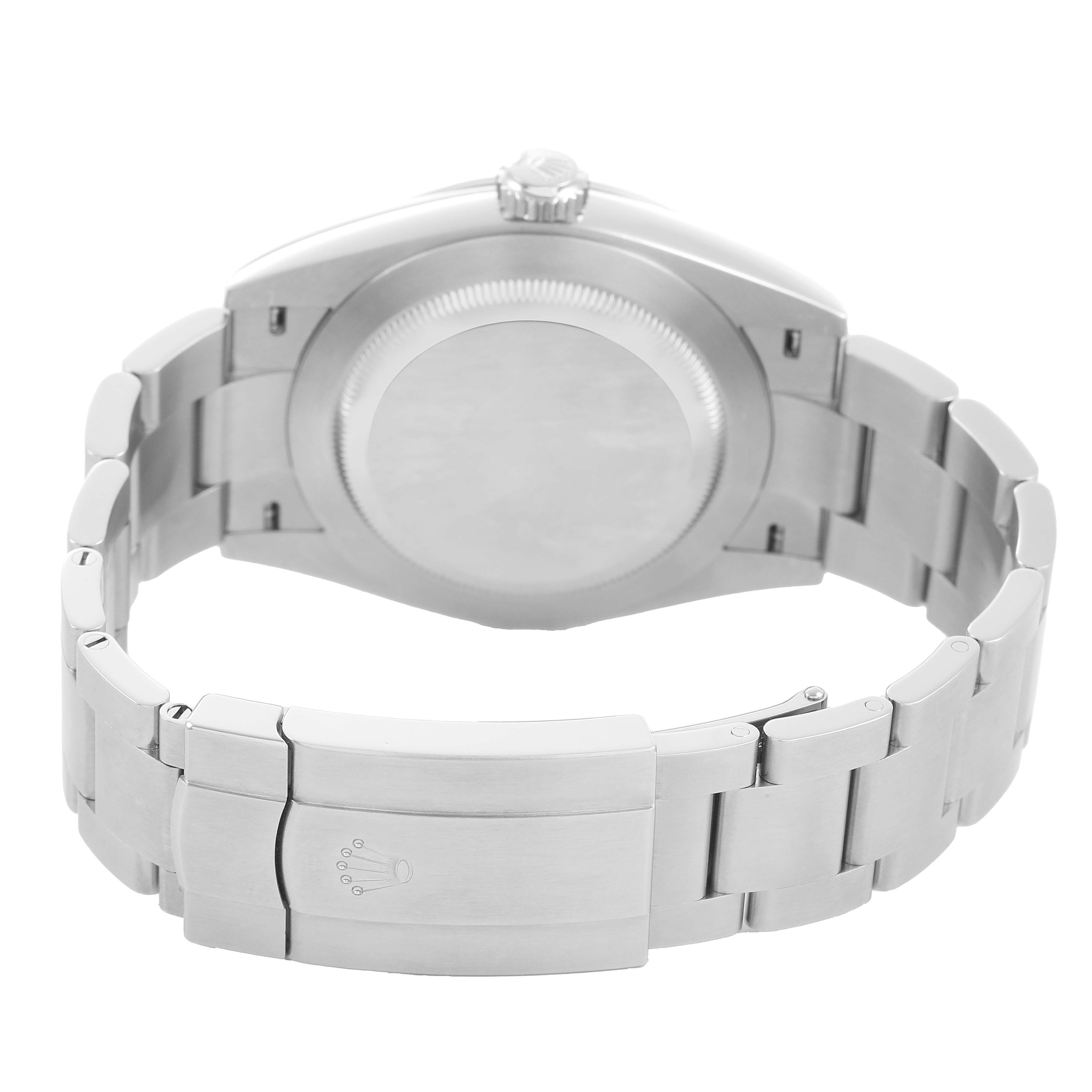 The image shows the back and clasp of a Rolex Oyster Perpetual 134300 Men's Stainless Steel Beige Dial watch, highlighting the bracelet and case back.