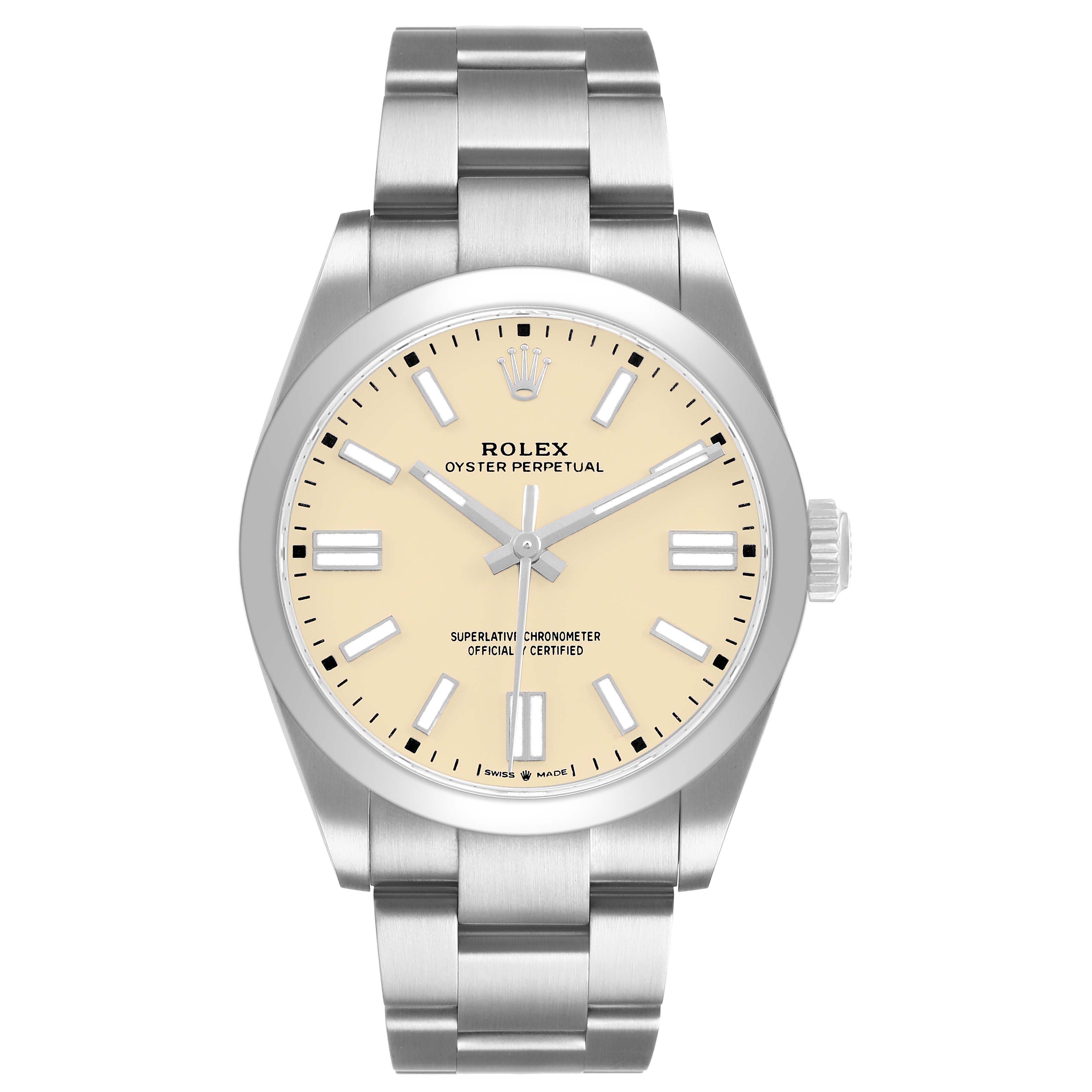 The Rolex Oyster Perpetual 134300 Men's Stainless Steel Beige Dial watch is shown from the front, displaying the dial, case, bezel, bracelet, and crown.