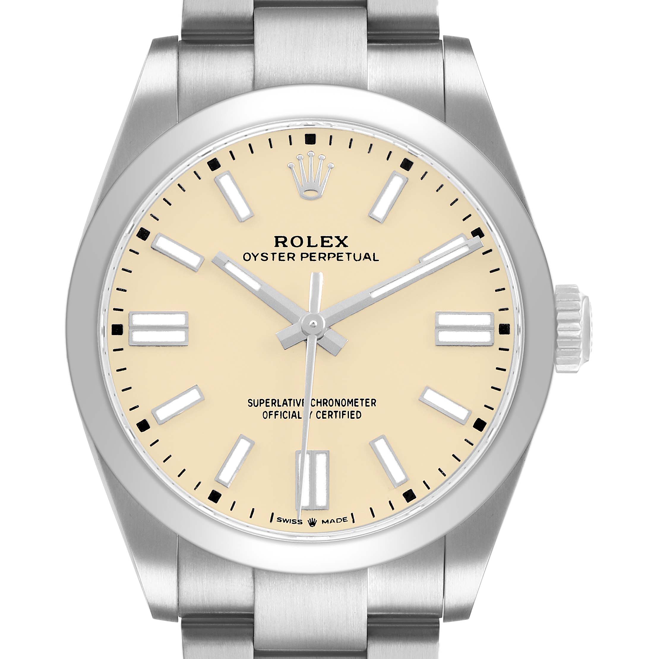The Rolex Oyster Perpetual 134300 Men's Stainless Steel Beige Dial watch is shown from the front, highlighting its dial, hands, crown, and bracelet.