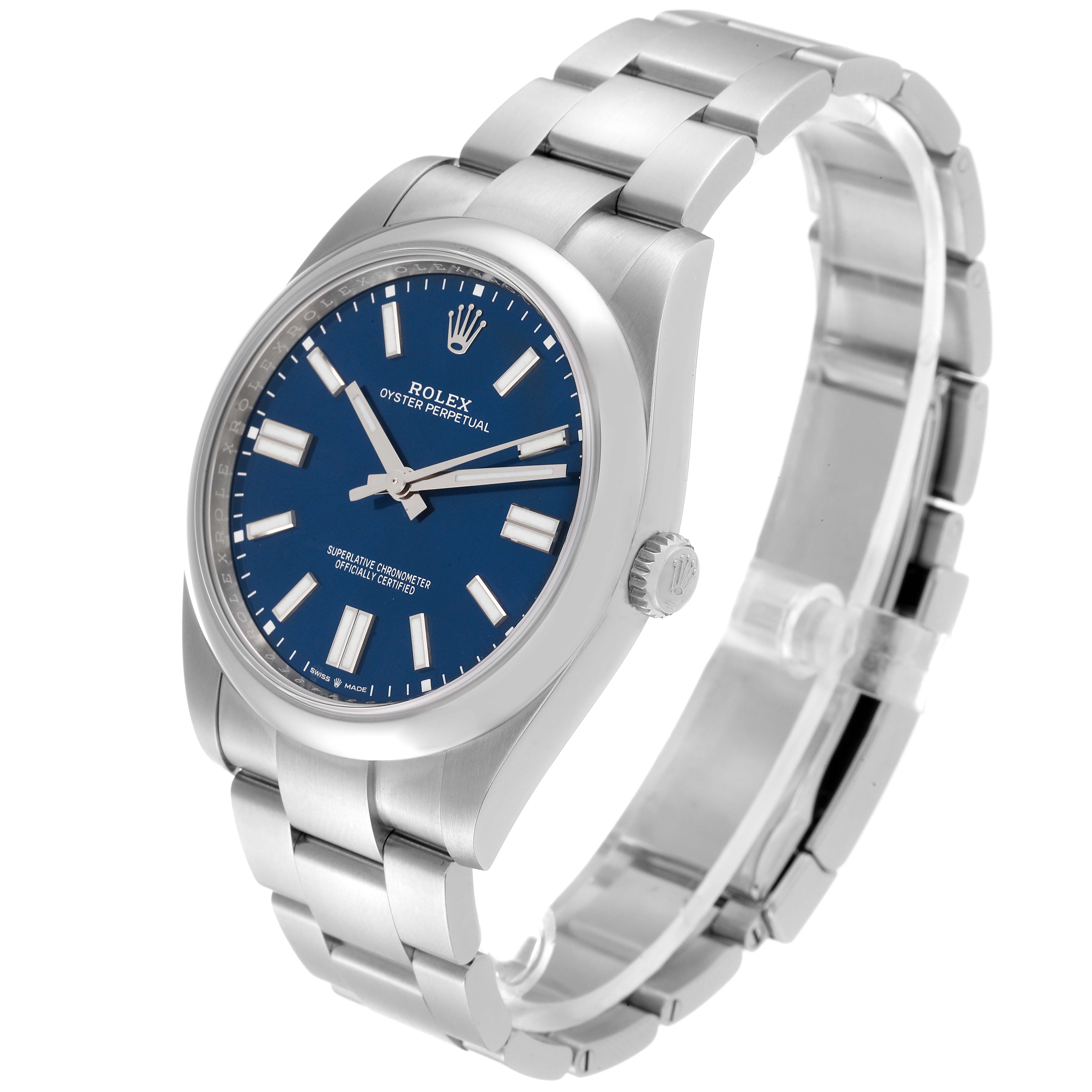 This image shows a Rolex Oyster Perpetual 124300 Men
s Stainless Steel Blue Dial 124300 Men
s Stainless Steel Blue Dial watch with a blue dial and stainless steel bracelet, viewed at an angle from the side-front.