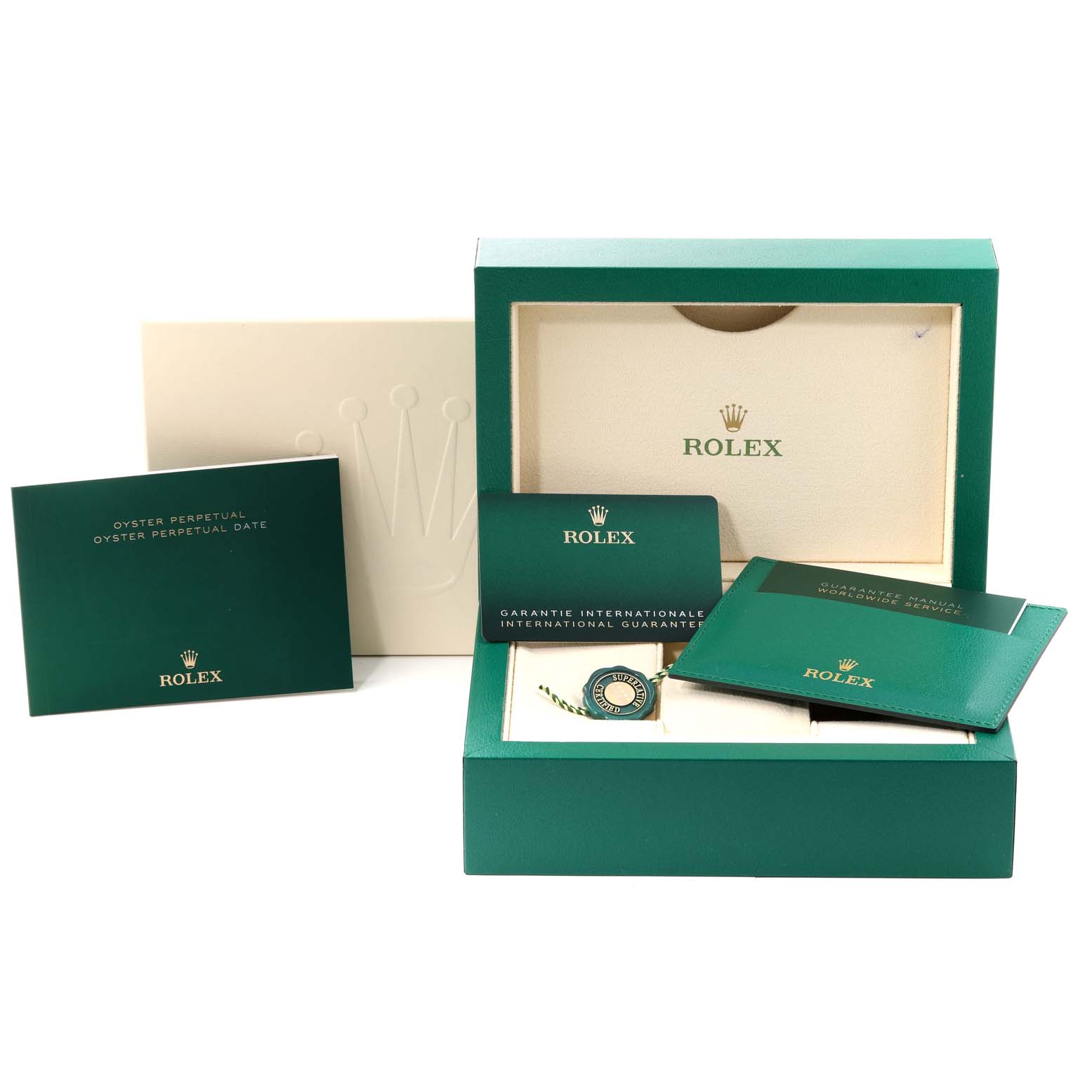 The image shows the packaging and accessories for a Rolex Oyster Perpetual 124300 Men
s Stainless Steel Blue Dial 124300 Men
s Stainless Steel Blue Dial watch at a frontal angle.