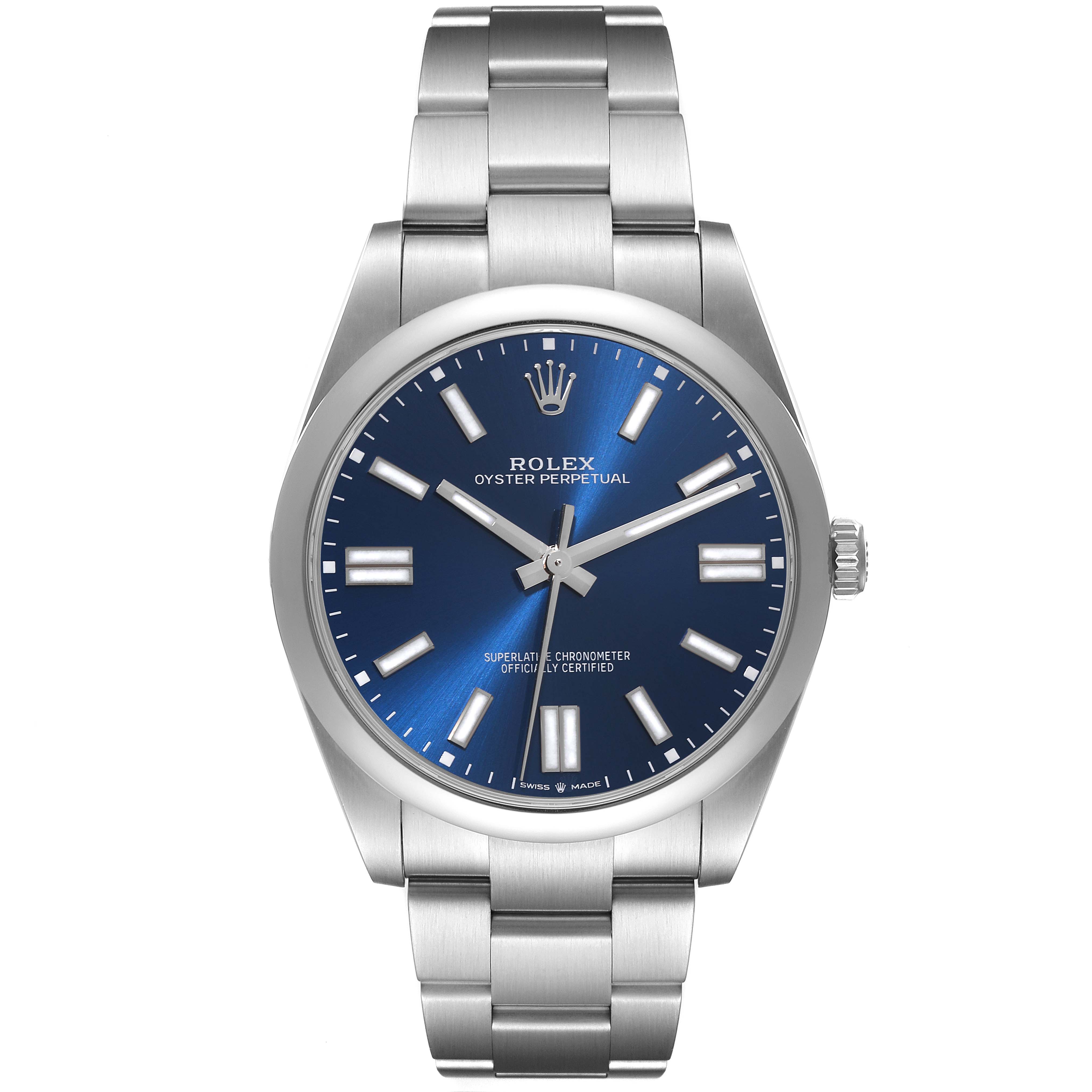 This image shows a front view of a Rolex Oyster Perpetual 124300 Men
s Stainless Steel Blue Dial 124300 Men
s Stainless Steel Blue Dial watch with a blue dial and a stainless steel bracelet.