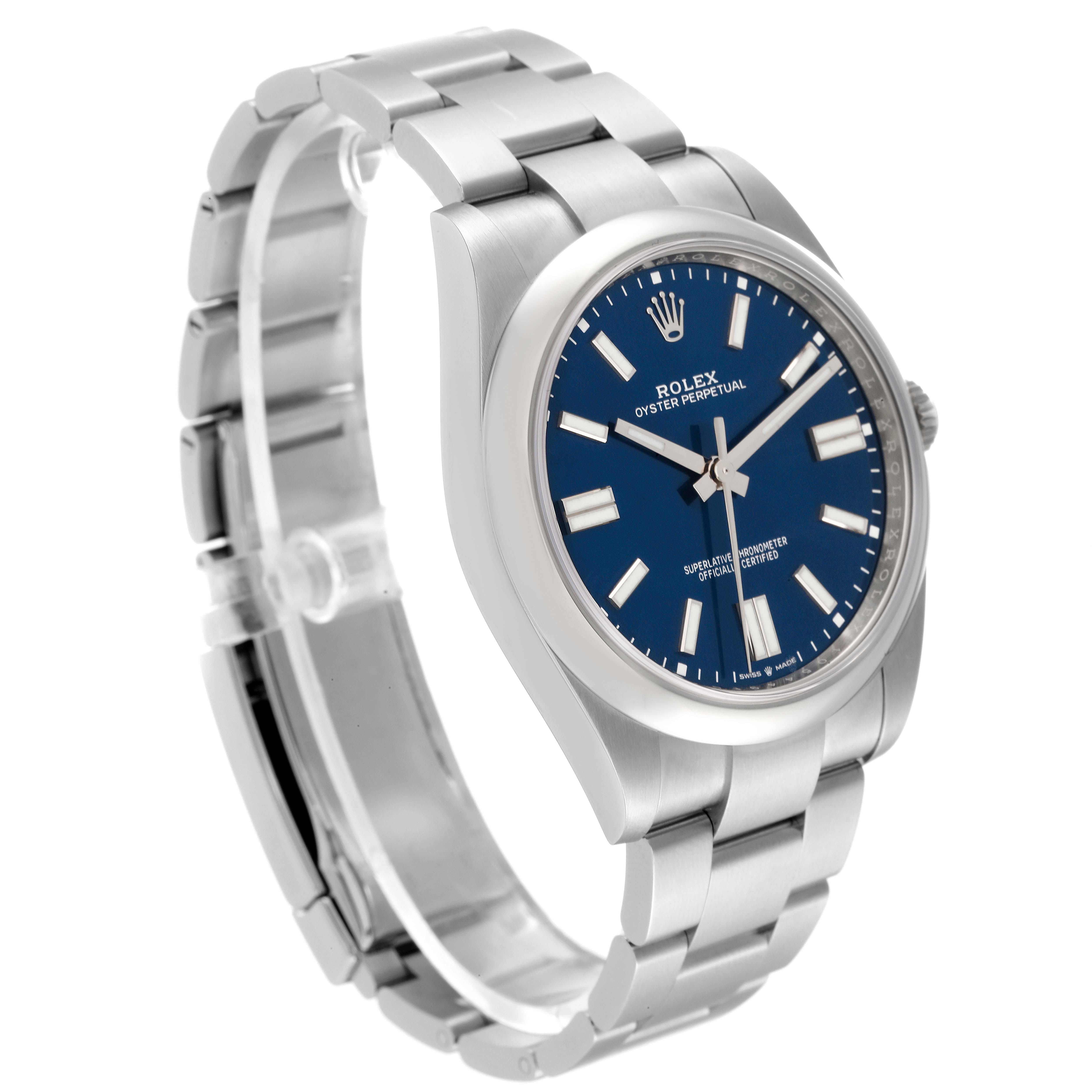 The Rolex Oyster Perpetual 124300 Men
s Stainless Steel Blue Dial 124300 Men
s Stainless Steel Blue Dial watch is shown at an angled view, highlighting its blue dial, silver hands, and stainless steel bracelet.