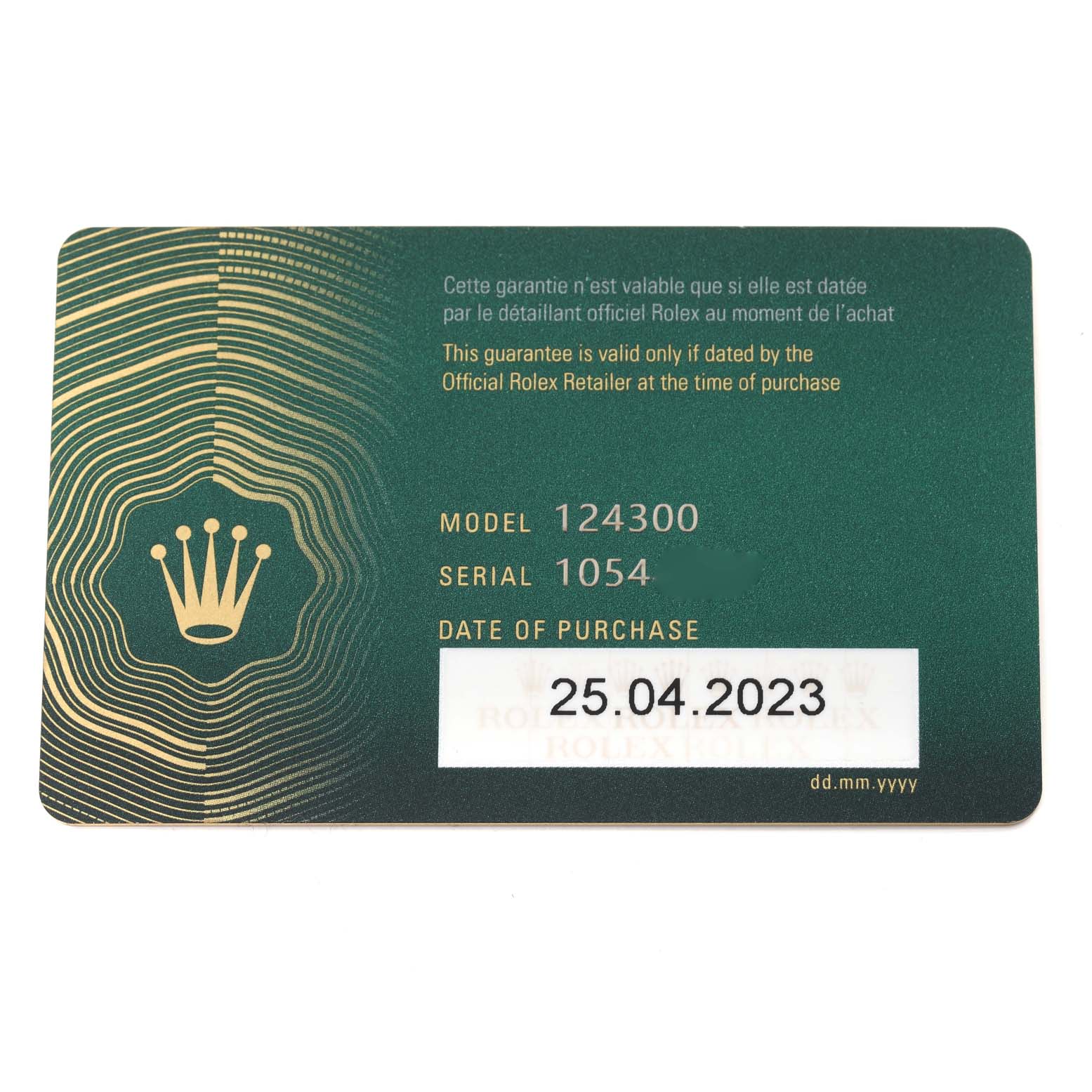 The image shows a guarantee card for the Rolex Oyster Perpetual 124300 Men
s Stainless Steel Blue Dial 124300 Men
s Stainless Steel Blue Dial model 124300.