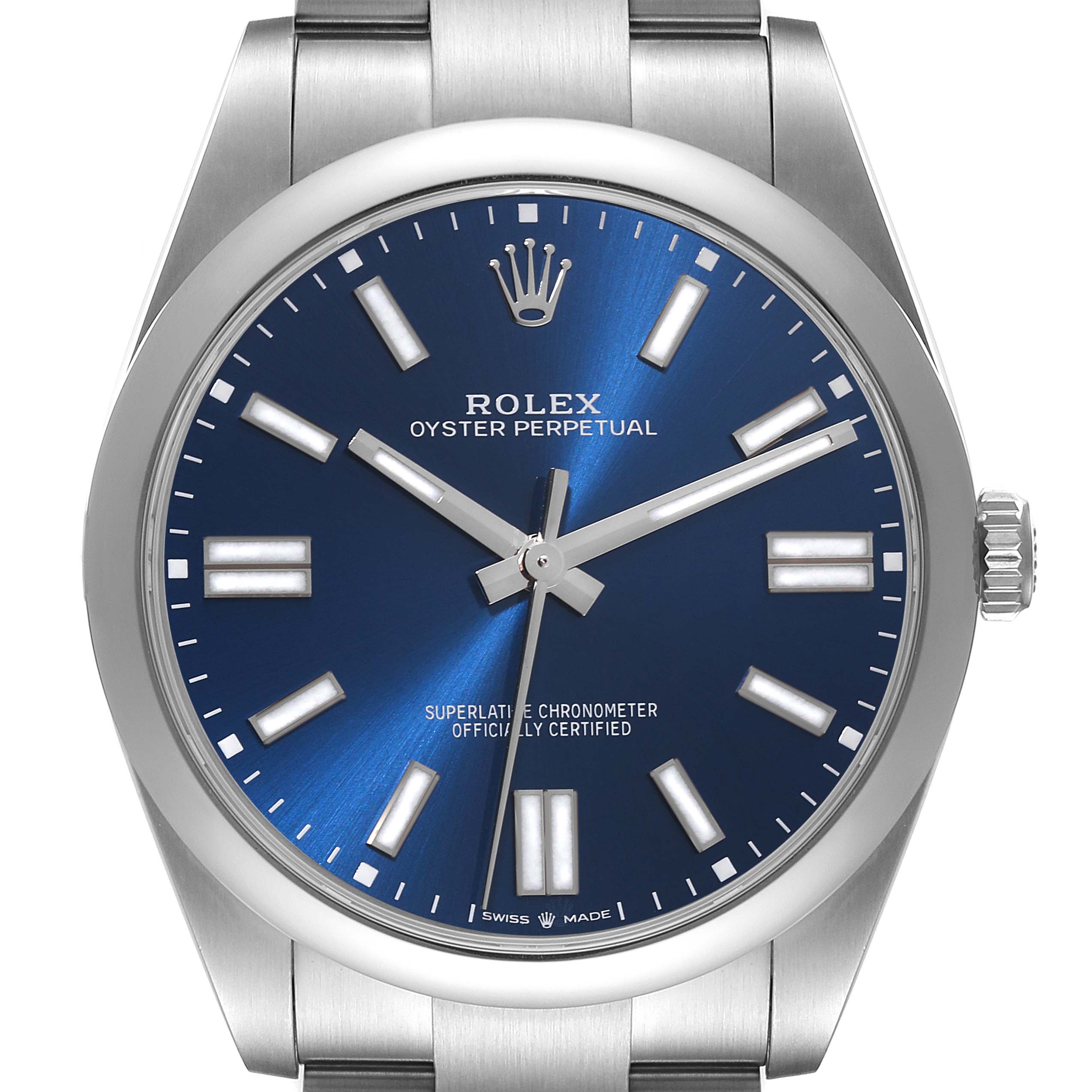 The image shows a front view of the Rolex Oyster Perpetual 124300 Men
s Stainless Steel Blue Dial 124300 Men
s Stainless Steel Blue Dial watch, featuring a blue dial and stainless steel case and bracelet.