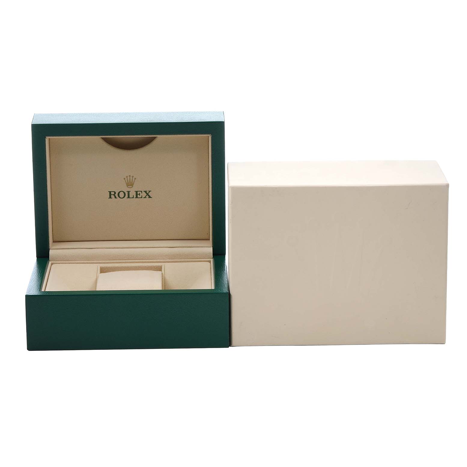 The image shows an open Rolex Oyster Perpetual 126000 Men's Stainless Steel Blue Dial watch box from the front, alongside its outer cardboard cover.