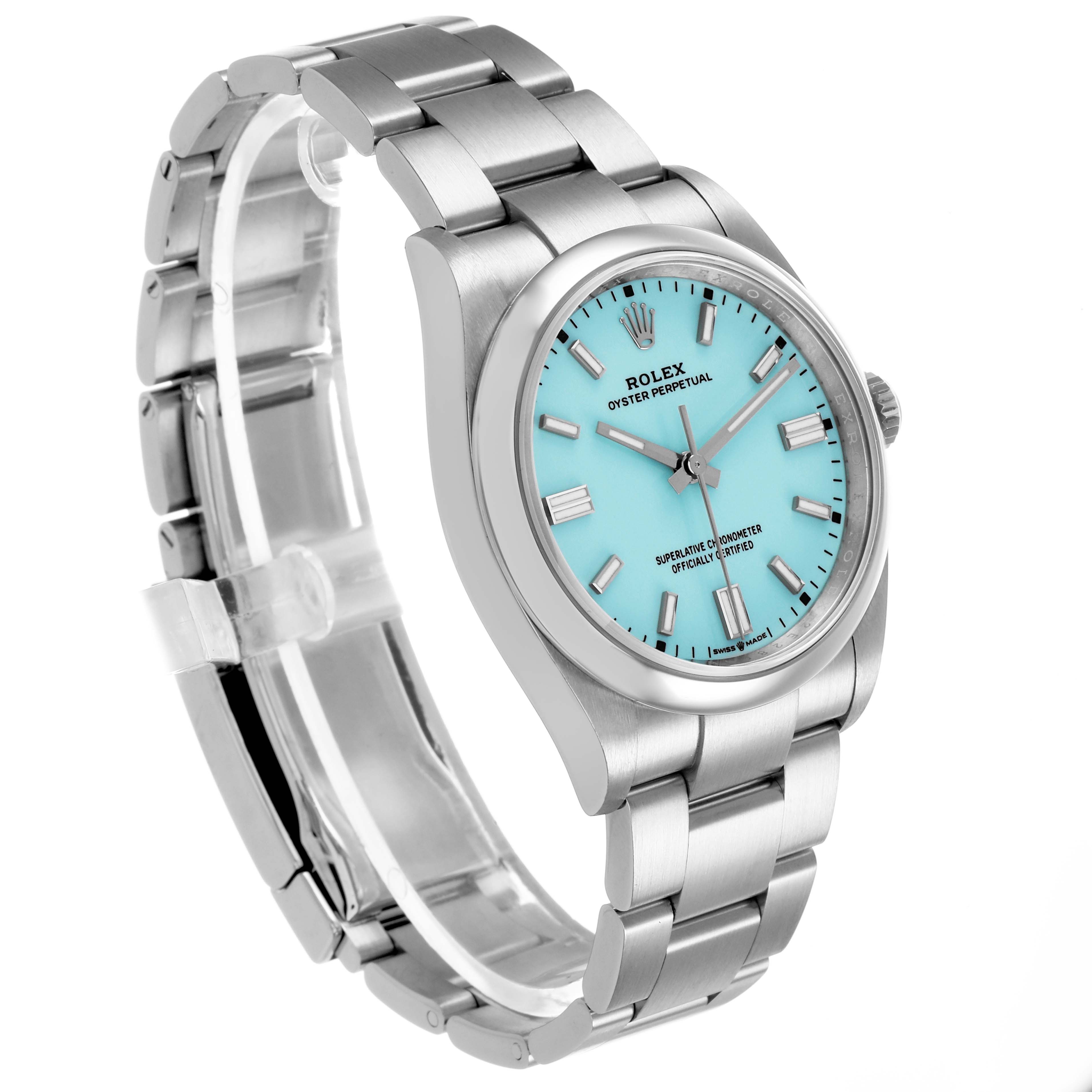 The Rolex Oyster Perpetual 126000 Men's Stainless Steel Blue Dial watch is shown at a three-quarter angle, highlighting the dial, bezel, and bracelet.