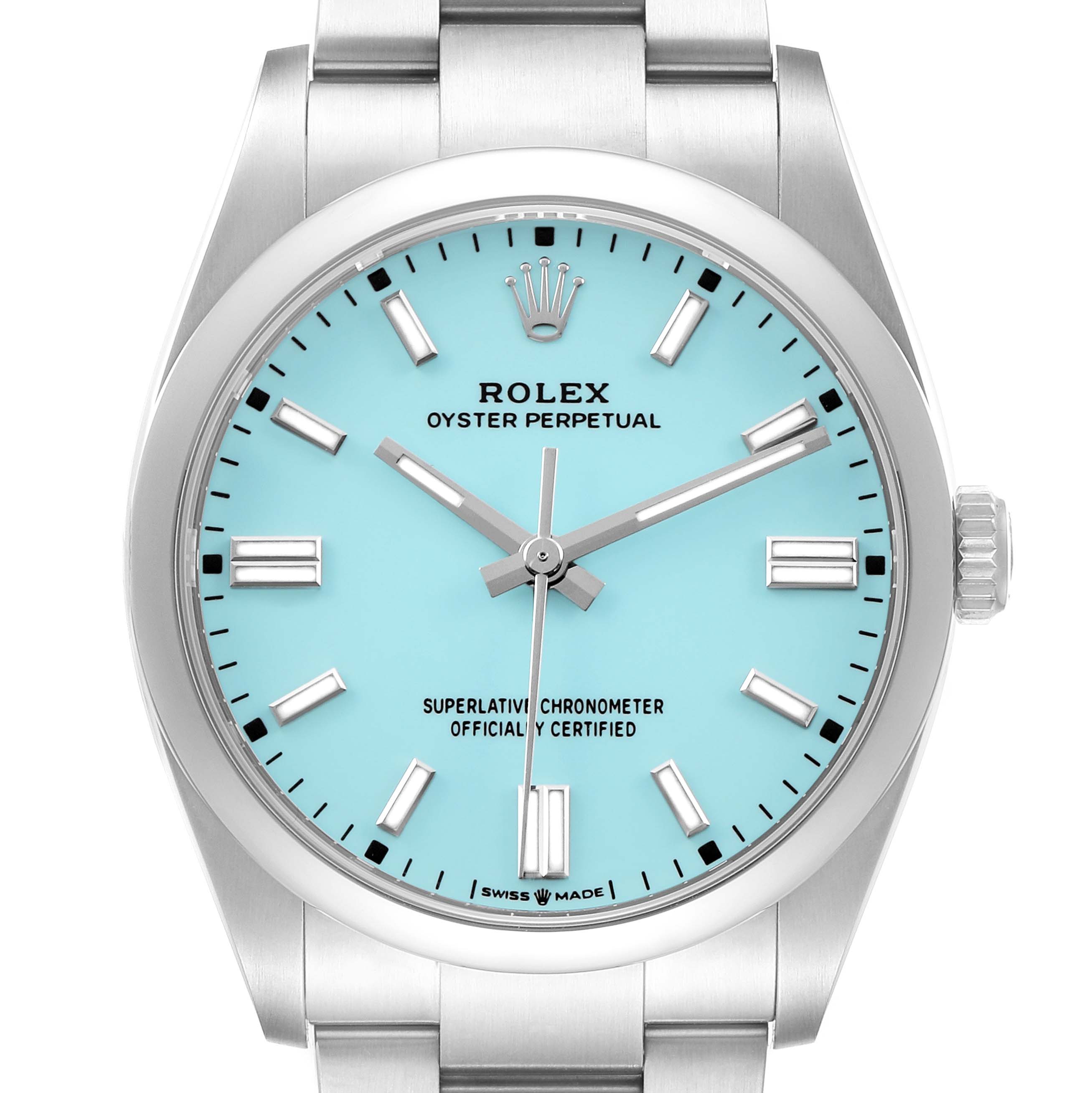 The Rolex Oyster Perpetual 126000 Men's Stainless Steel Blue Dial watch is shown from the front, featuring the dial, hands, indices, crown, and part of the bracelet.