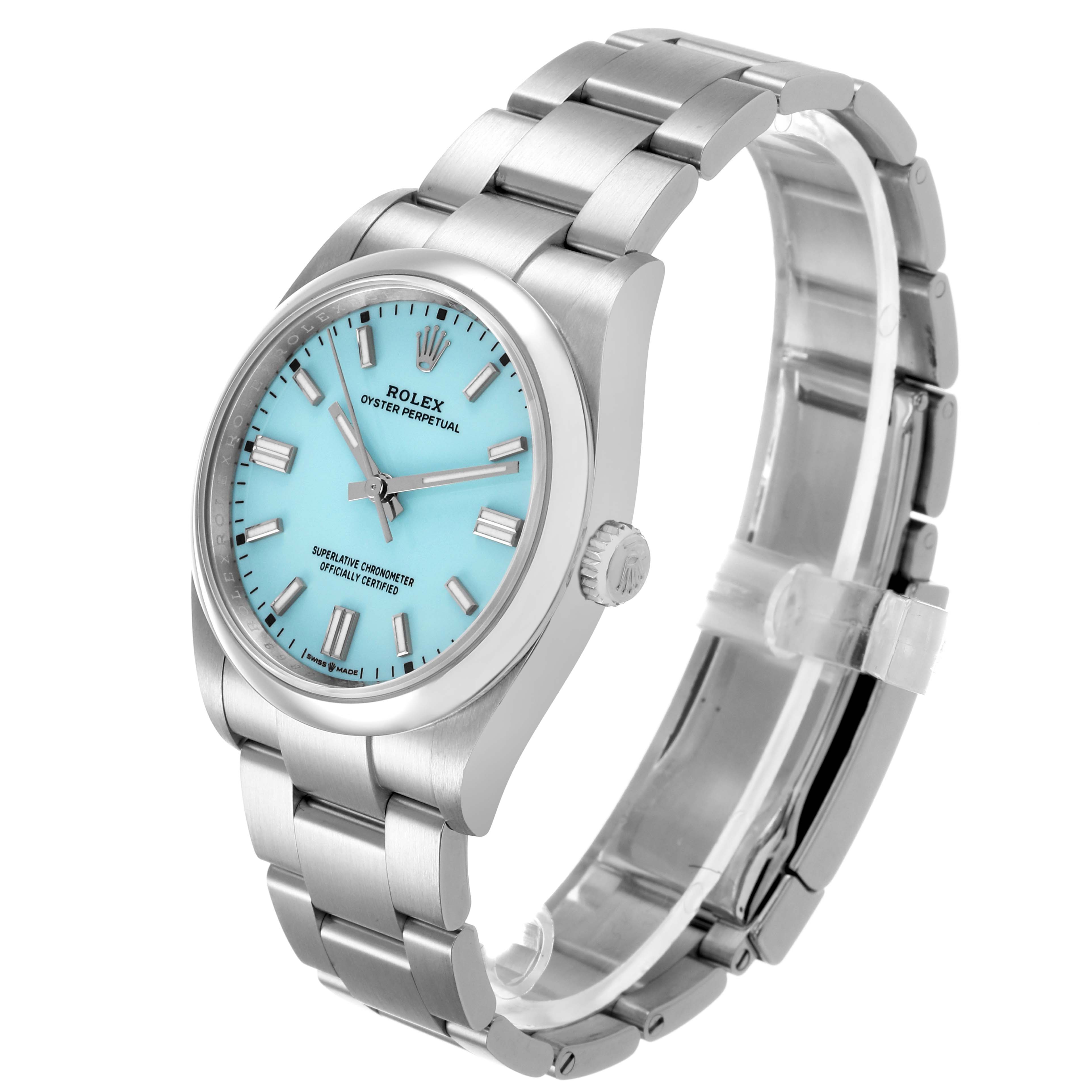 The image shows a side view of a Rolex Oyster Perpetual 126000 Men's Stainless Steel Blue Dial watch featuring the case, dial, bracelet, and crown.