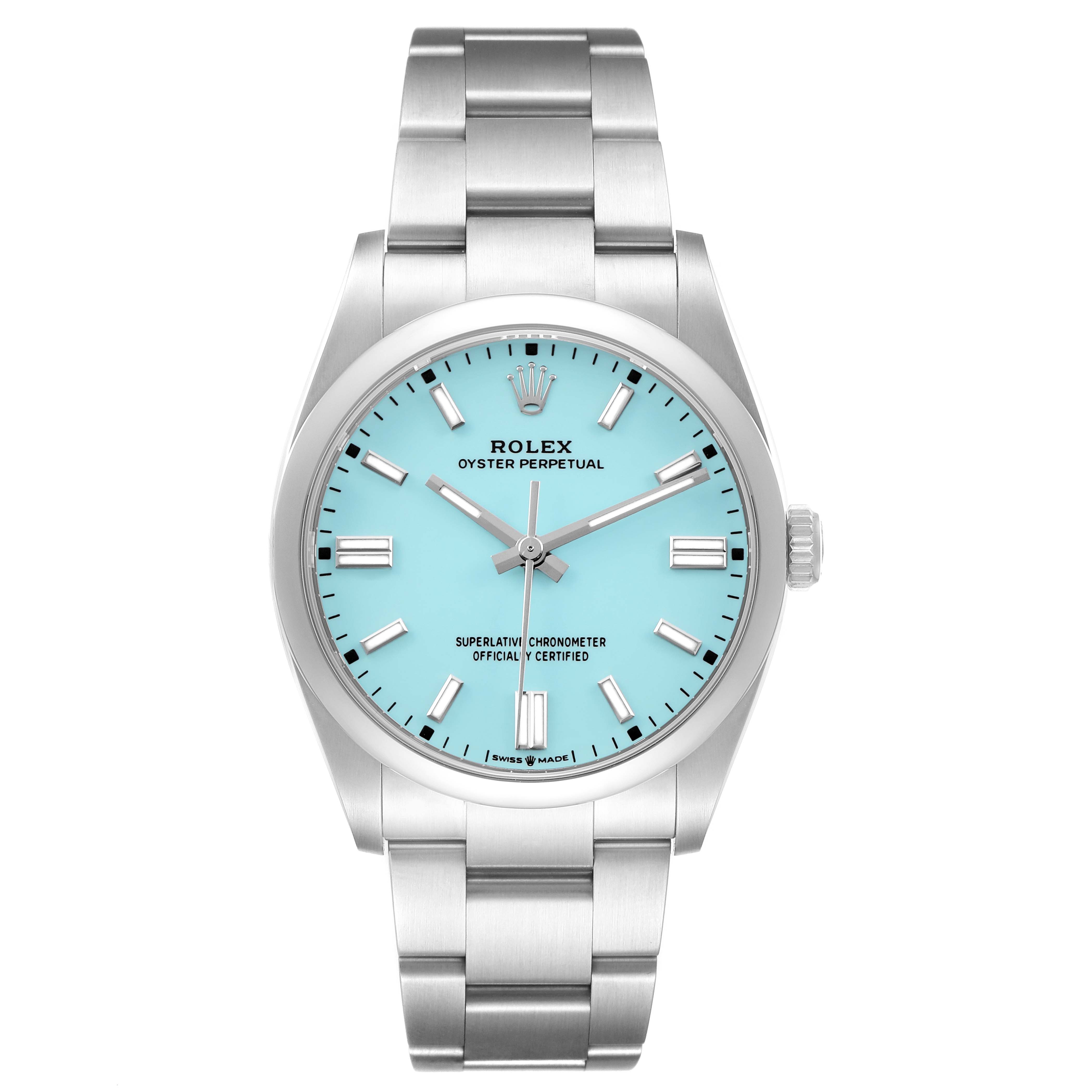 The Rolex Oyster Perpetual 126000 Men's Stainless Steel Blue Dial watch is shown from a front angle, displaying the dial, hands, and bracelet.