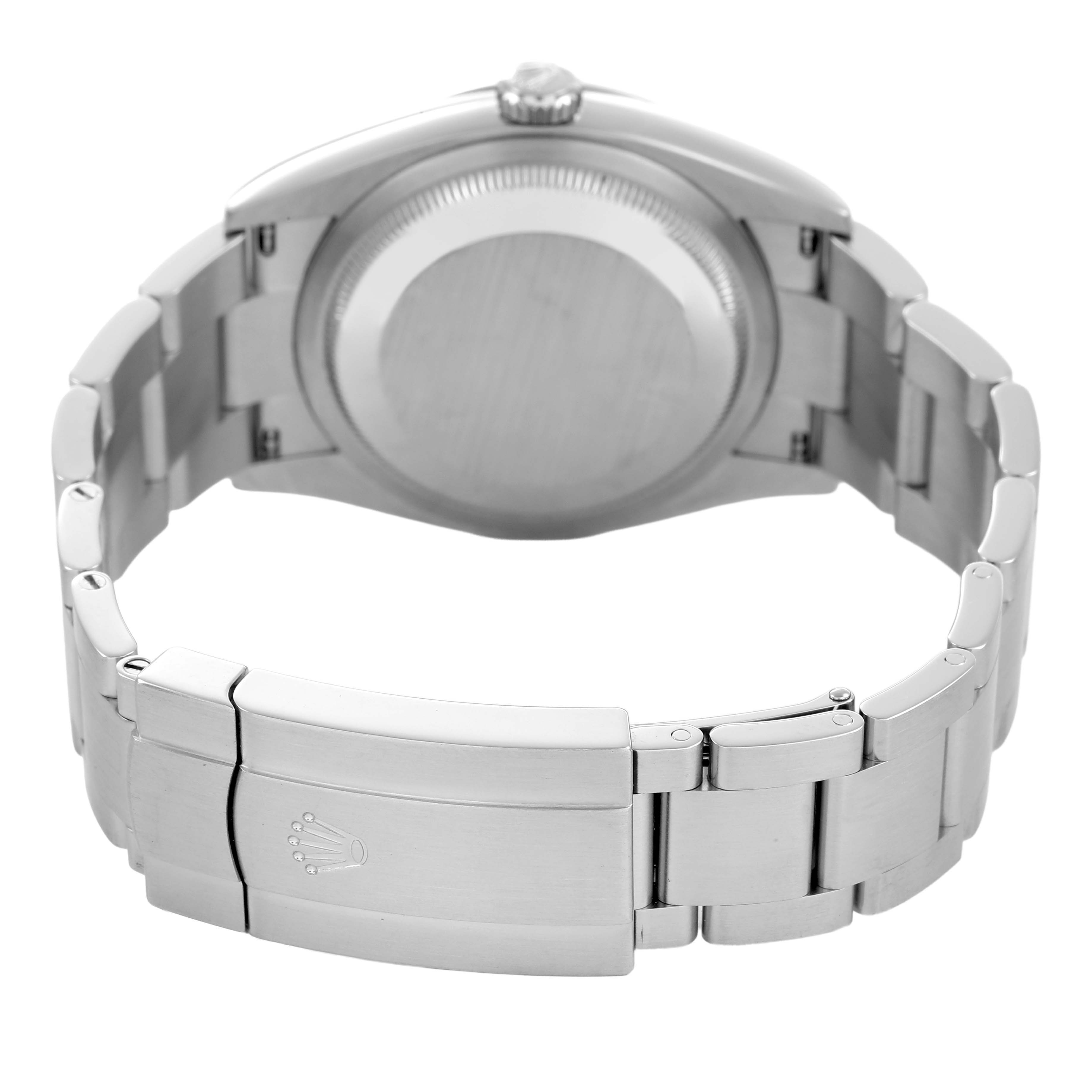 The image shows the back and bracelet of a Rolex Oyster Perpetual 126000 Men's Stainless Steel Blue Dial watch, highlighting the clasp and rear case.