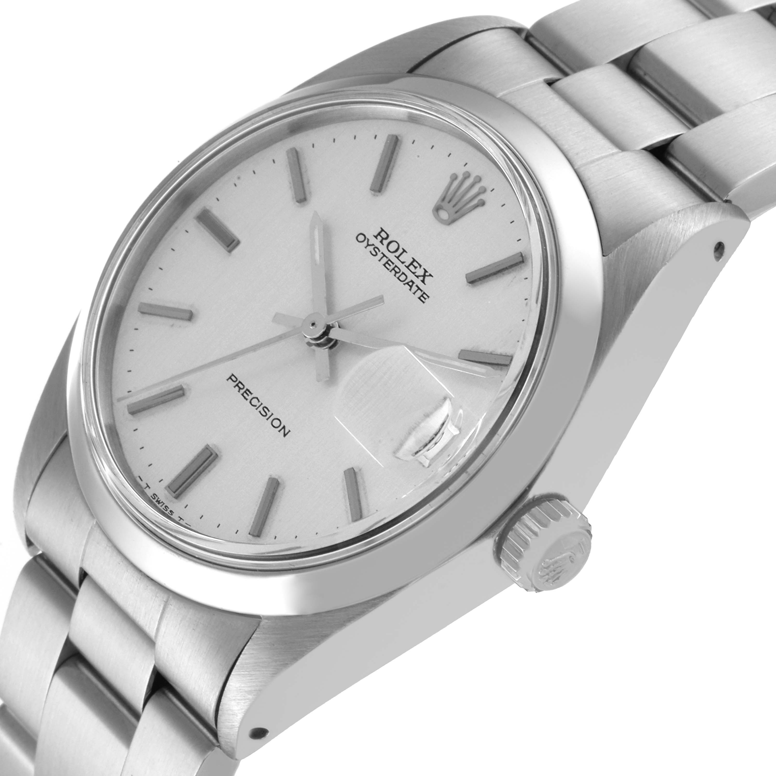 The image shows a side-angle view of the Rolex Vintage Collection 6694 Men's Stainless Steel Silver Dial 6694 Men's Stainless Steel Silver Dial Oysterdate watch, highlighting the face, crown, and bracelet.