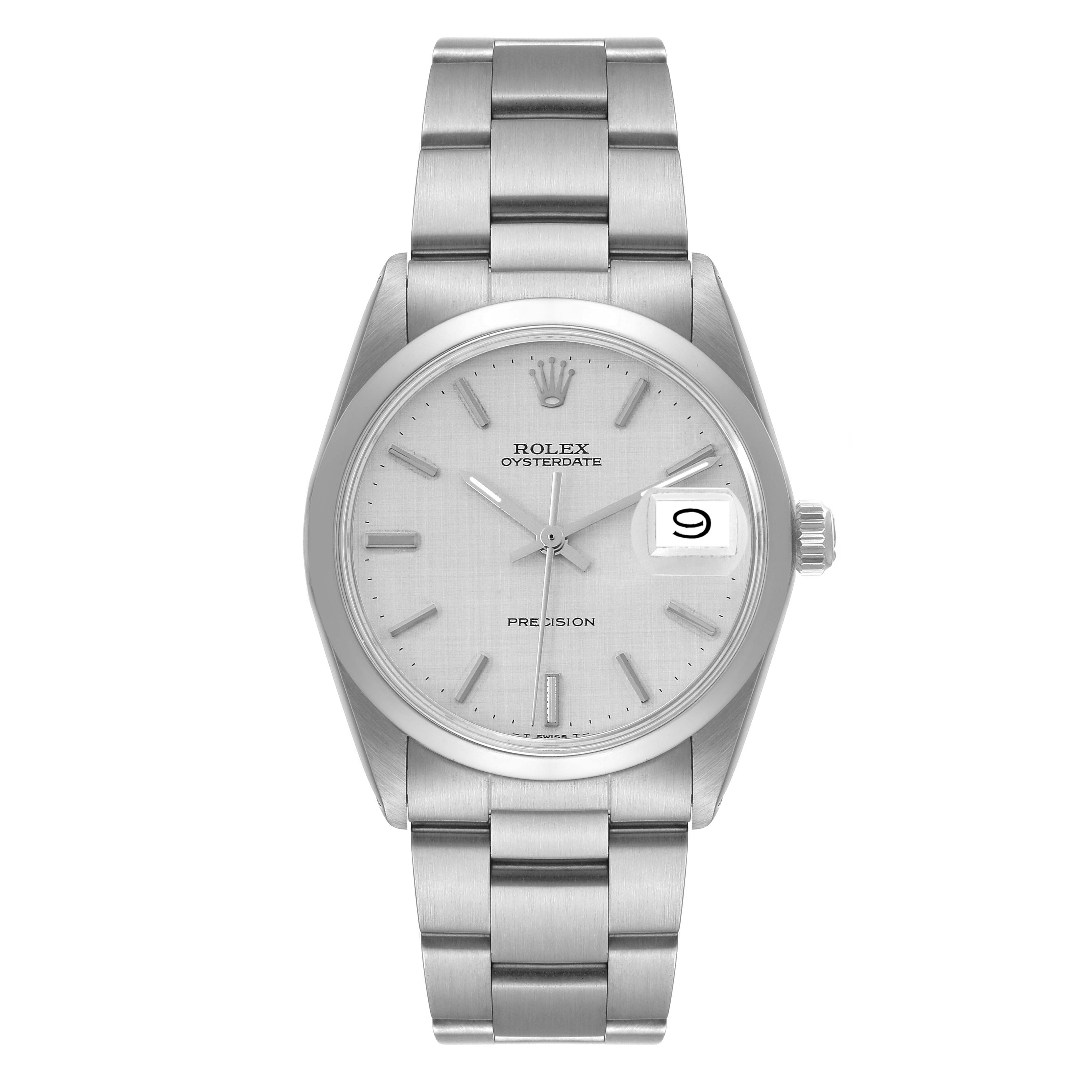 The image shows a front view of the Rolex Vintage Collection 6694 Men's Stainless Steel Silver Dial 6694 Men's Stainless Steel Silver Dial Oysterdate watch, highlighting its face, bracelet, and date display.