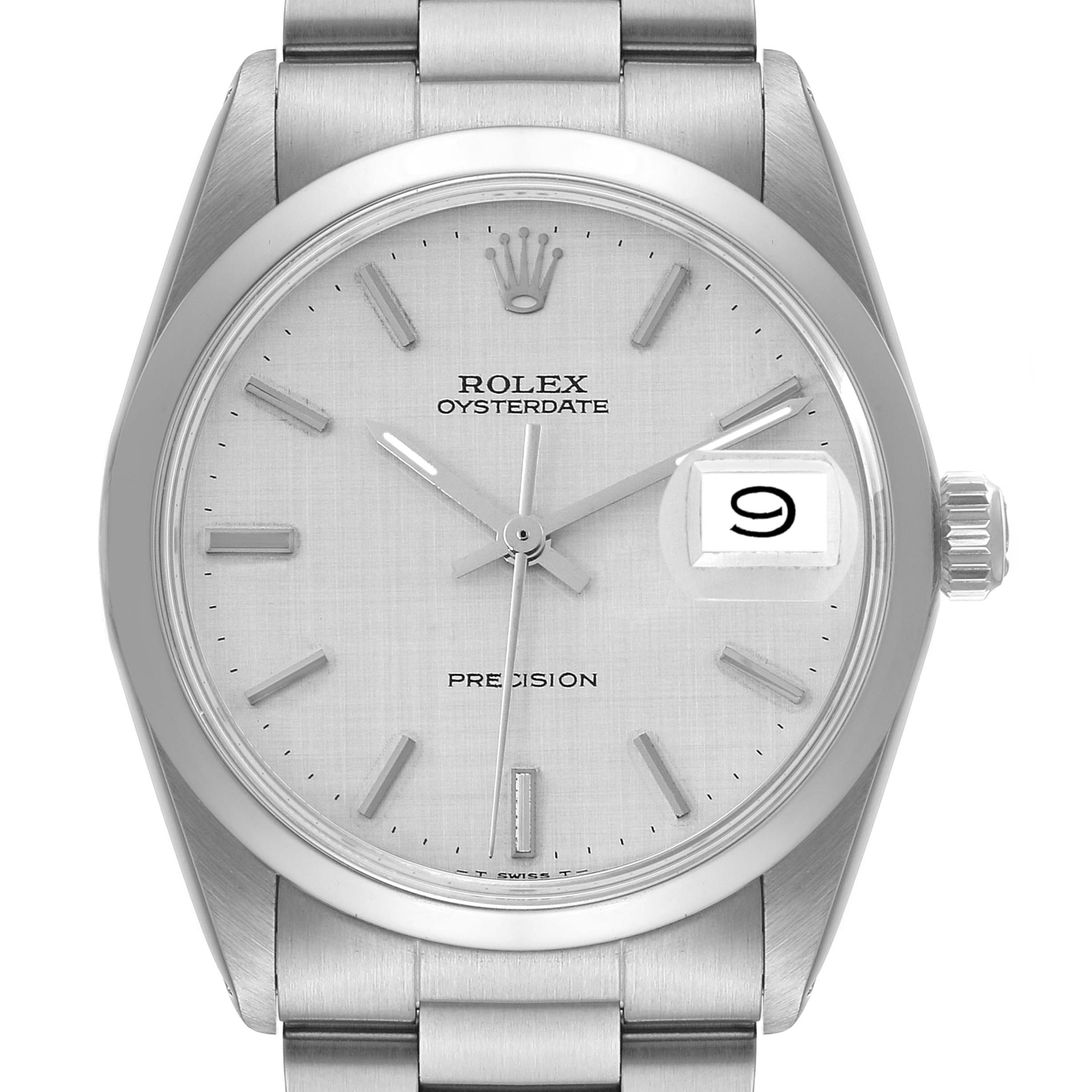 The image shows a front view of a Vintage Collection Rolex Oysterdate Precision watch, highlighting the dial, hands, and date window.