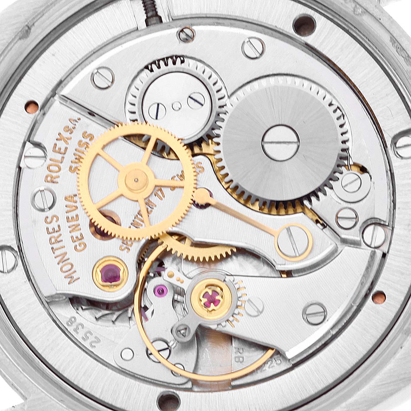 This image shows the inner mechanical components of a Vintage Collection Rolex watch viewed from the back.