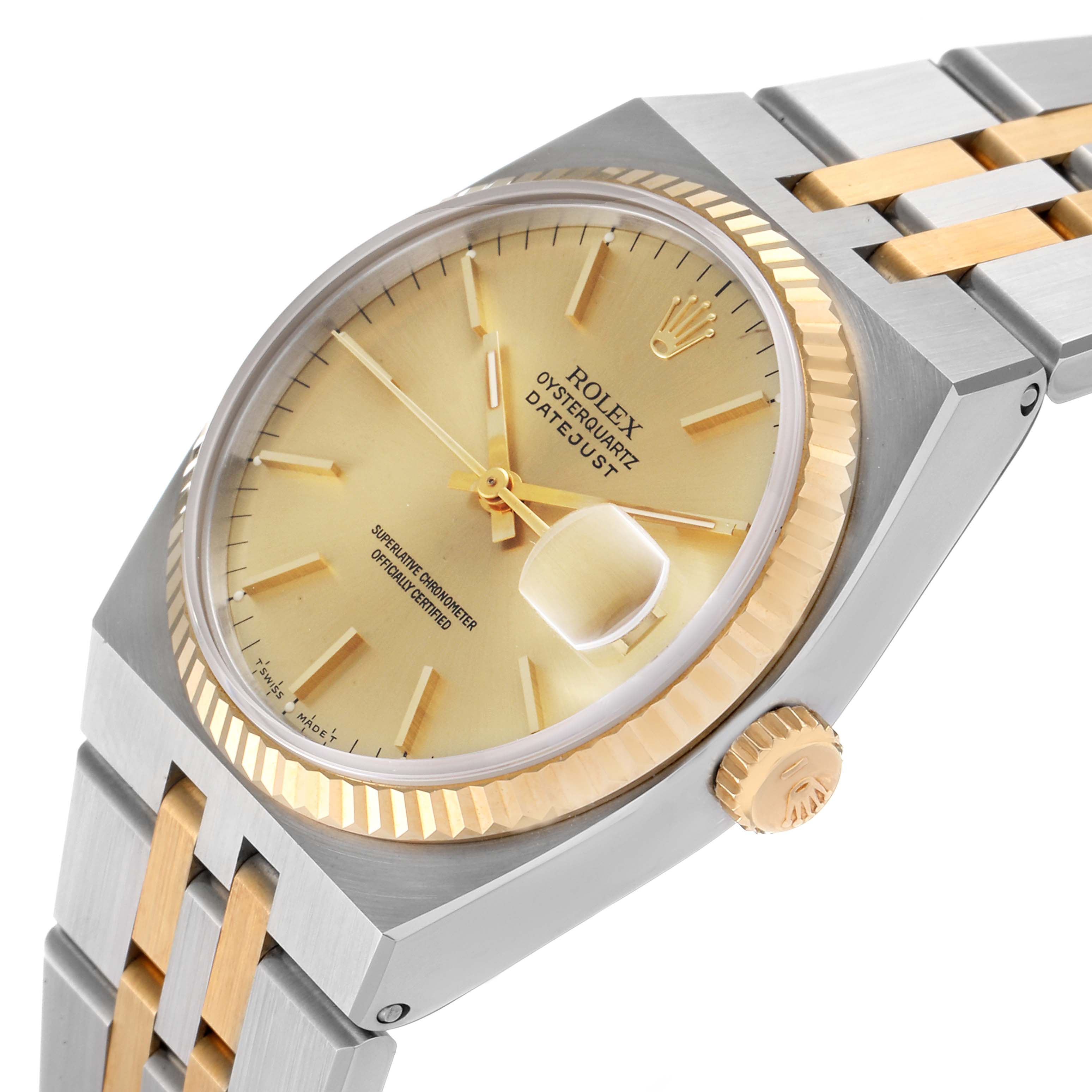 The image shows a Rolex Oysterquartz 17013 Men's Steel and Gold (two tone) Champagne Dial 17013 Men's Steel and Gold (two tone) Champagne Dial Datejust watch at an oblique angle, highlighting its gold and steel bracelet, dial, and crown.