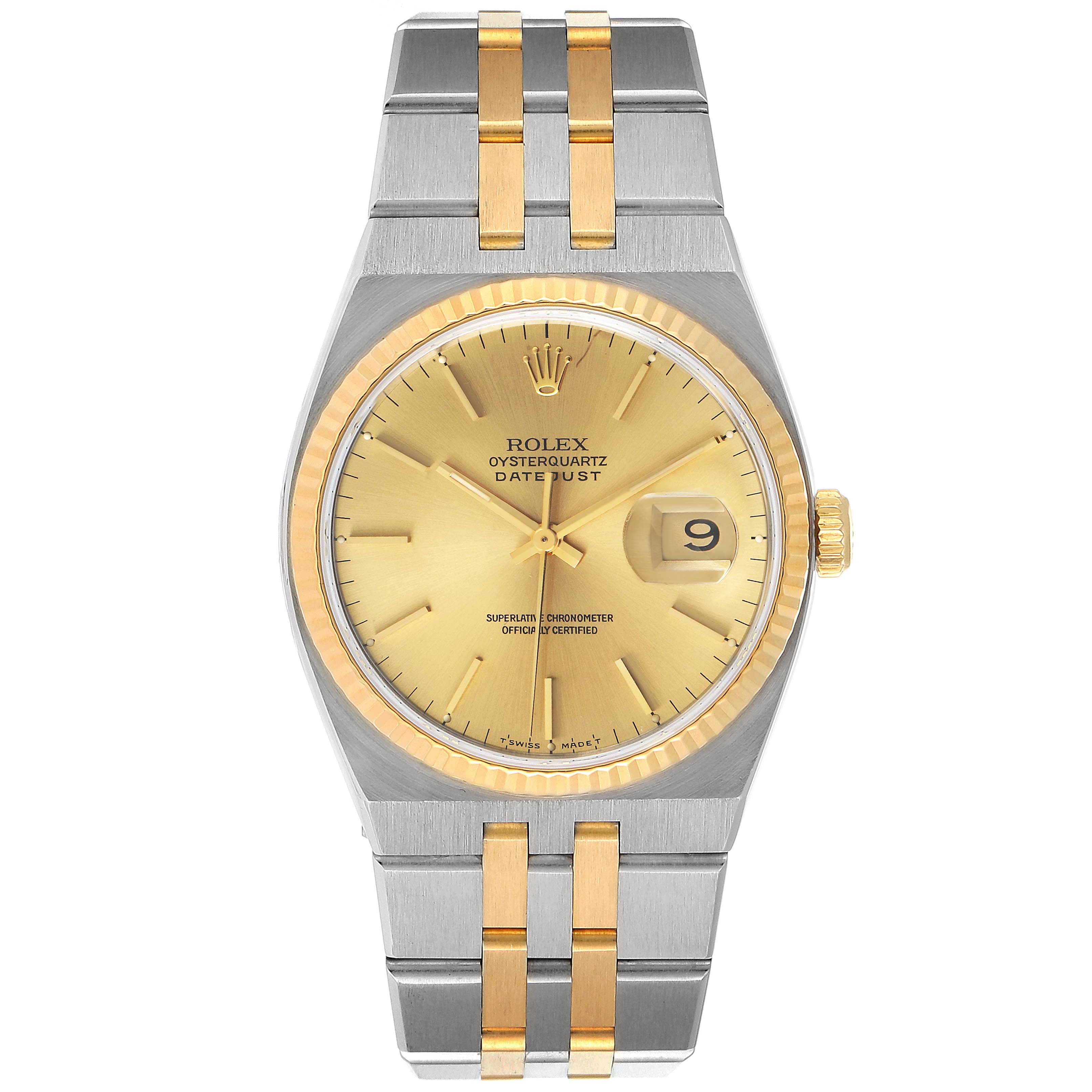 This image shows a front view of a Rolex Oysterquartz 17013 Men's Steel and Gold (two tone) Champagne Dial 17013 Men's Steel and Gold (two tone) Champagne Dial Datejust watch with a two-tone bracelet and a gold dial.