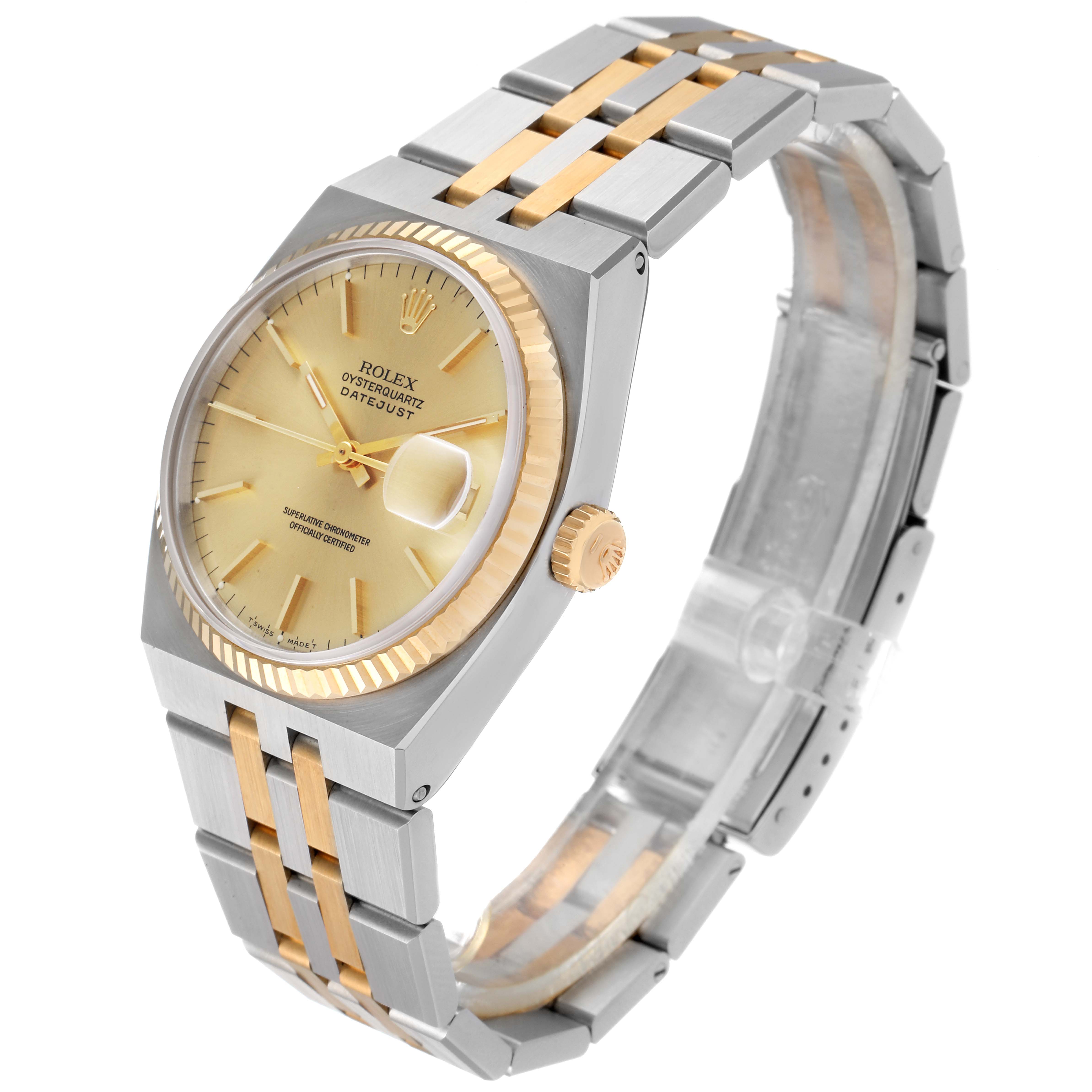 The Rolex Oysterquartz 17013 Men's Steel and Gold (two tone) Champagne Dial 17013 Men's Steel and Gold (two tone) Champagne Dial watch is shown at a slight angle, highlighting its dial, crown, bezel, and two-tone bracelet.