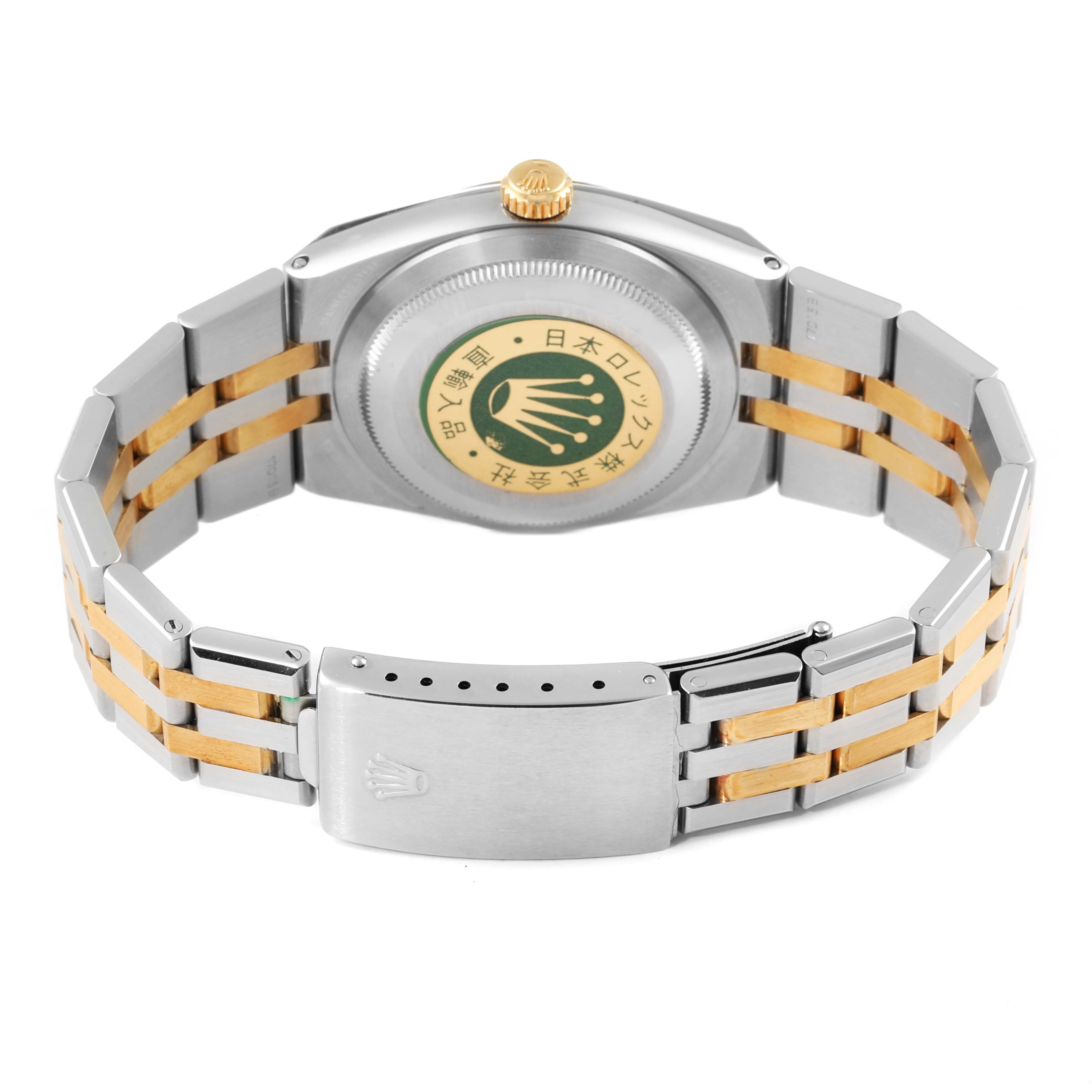 The image shows the back of a Rolex Oysterquartz 17013 Men's Steel and Gold (two tone) Champagne Dial 17013 Men's Steel and Gold (two tone) Champagne Dial watch, including the case back, crown, and part of the bracelet.