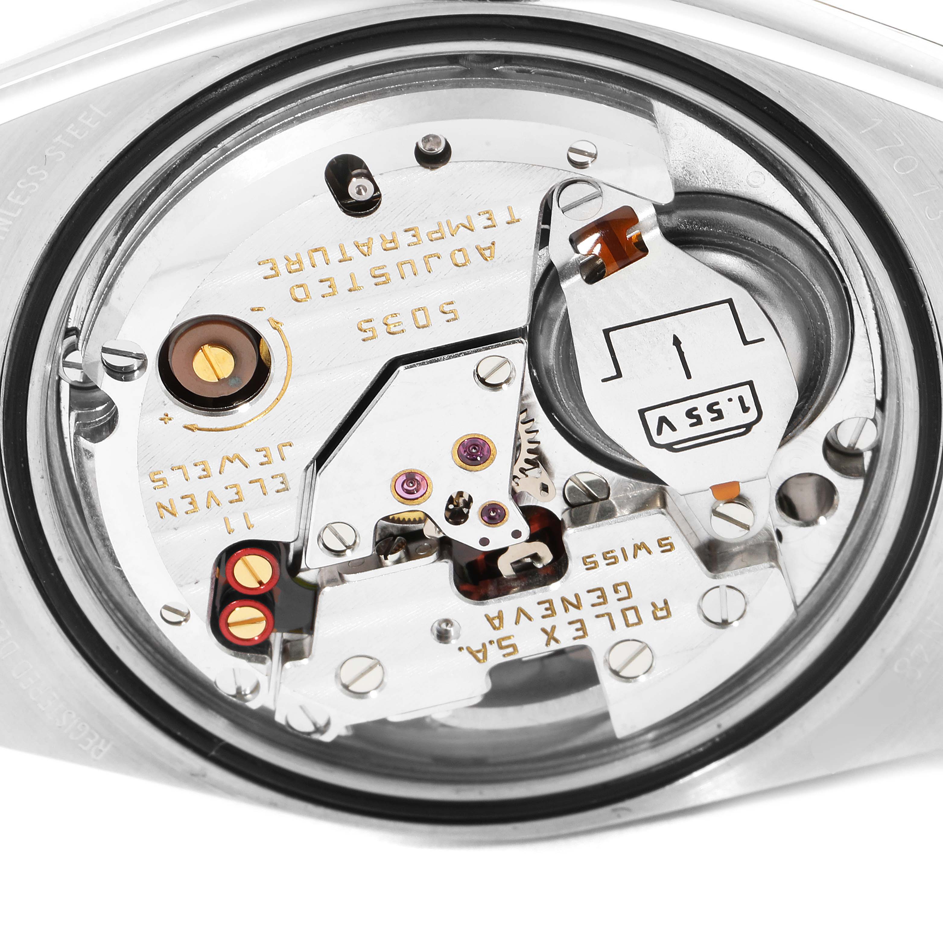 This image shows a detailed close-up of the movement components inside a Rolex Oysterquartz 17013 Men's Steel and Gold (two tone) Champagne Dial 17013 Men's Steel and Gold (two tone) Champagne Dial watch.
