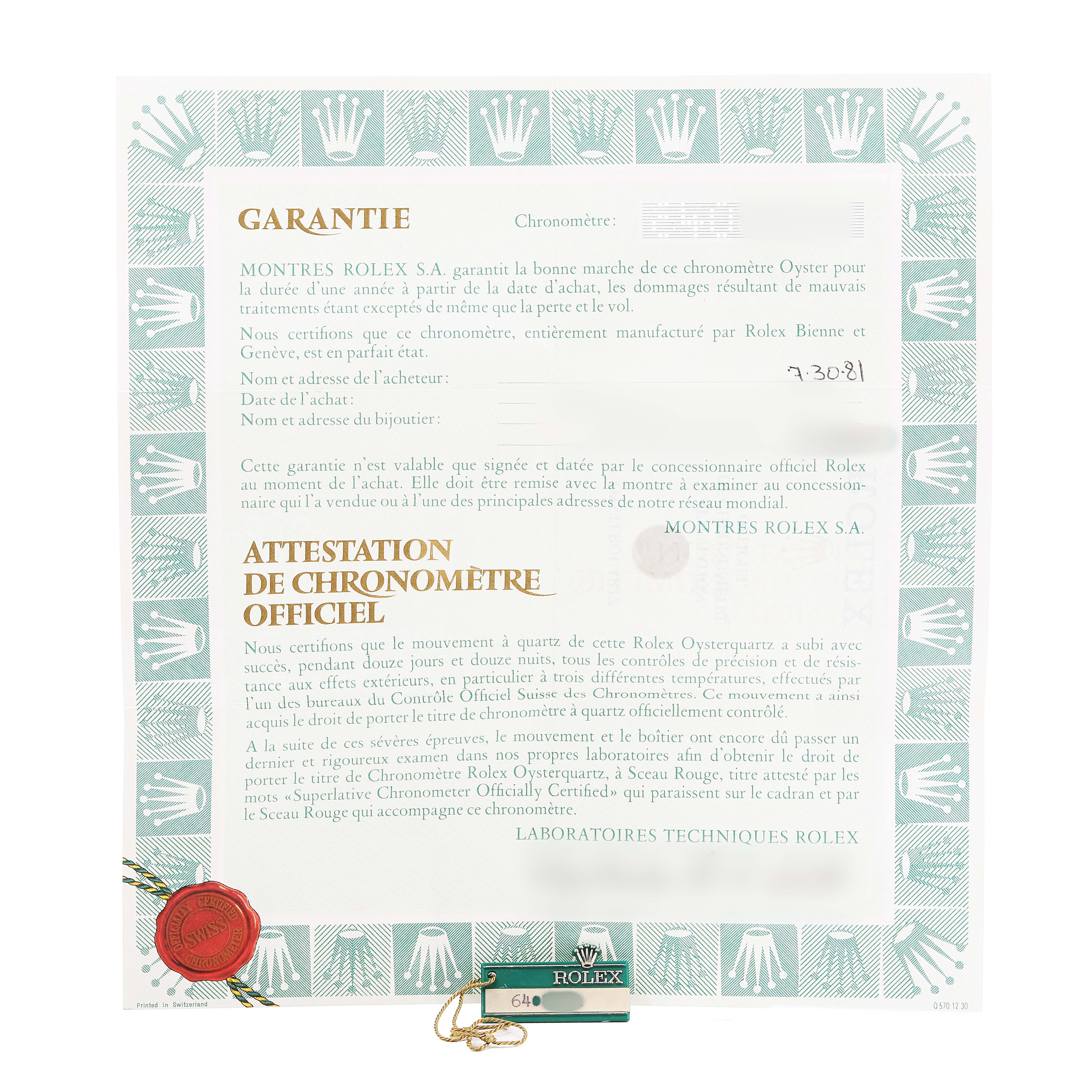 The image shows warranty papers for a Rolex Oysterquartz 17000 Men's Stainless Steel White Dial, including a certificate and a tag with the Rolex logo.