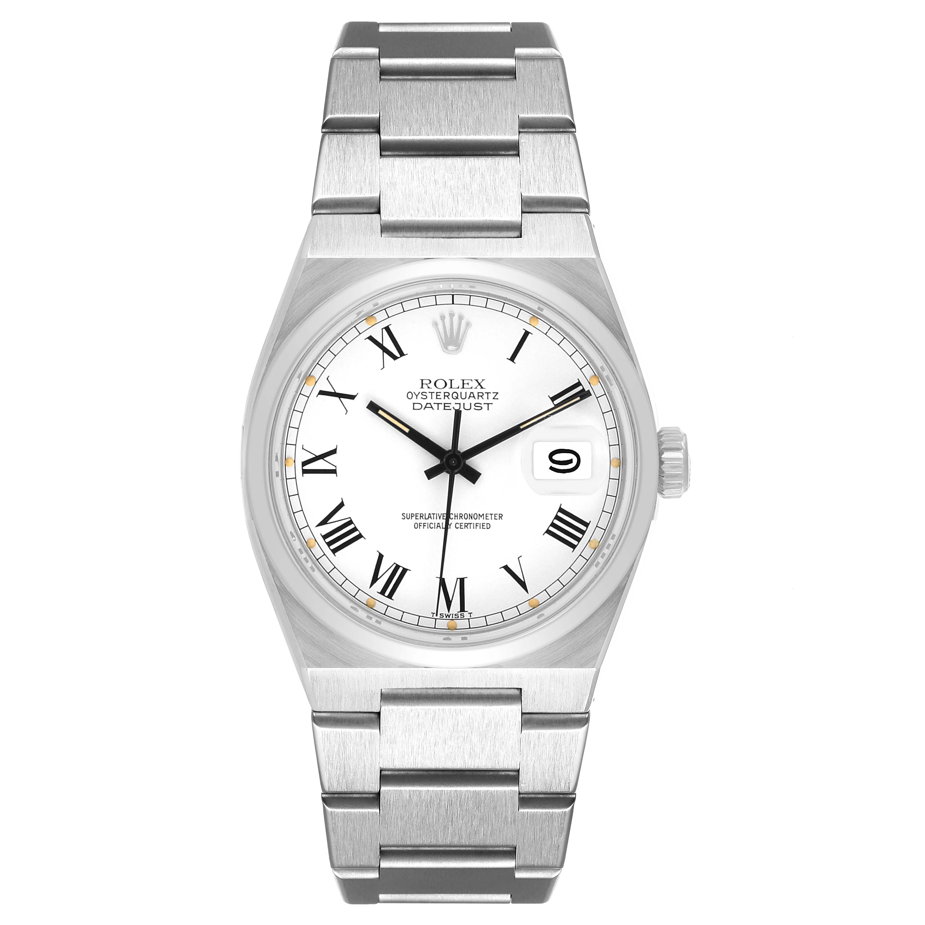 The Rolex Oysterquartz 17000 Men's Stainless Steel White Dial watch is shown from a top view, highlighting the dial, bracelet, and crown.
