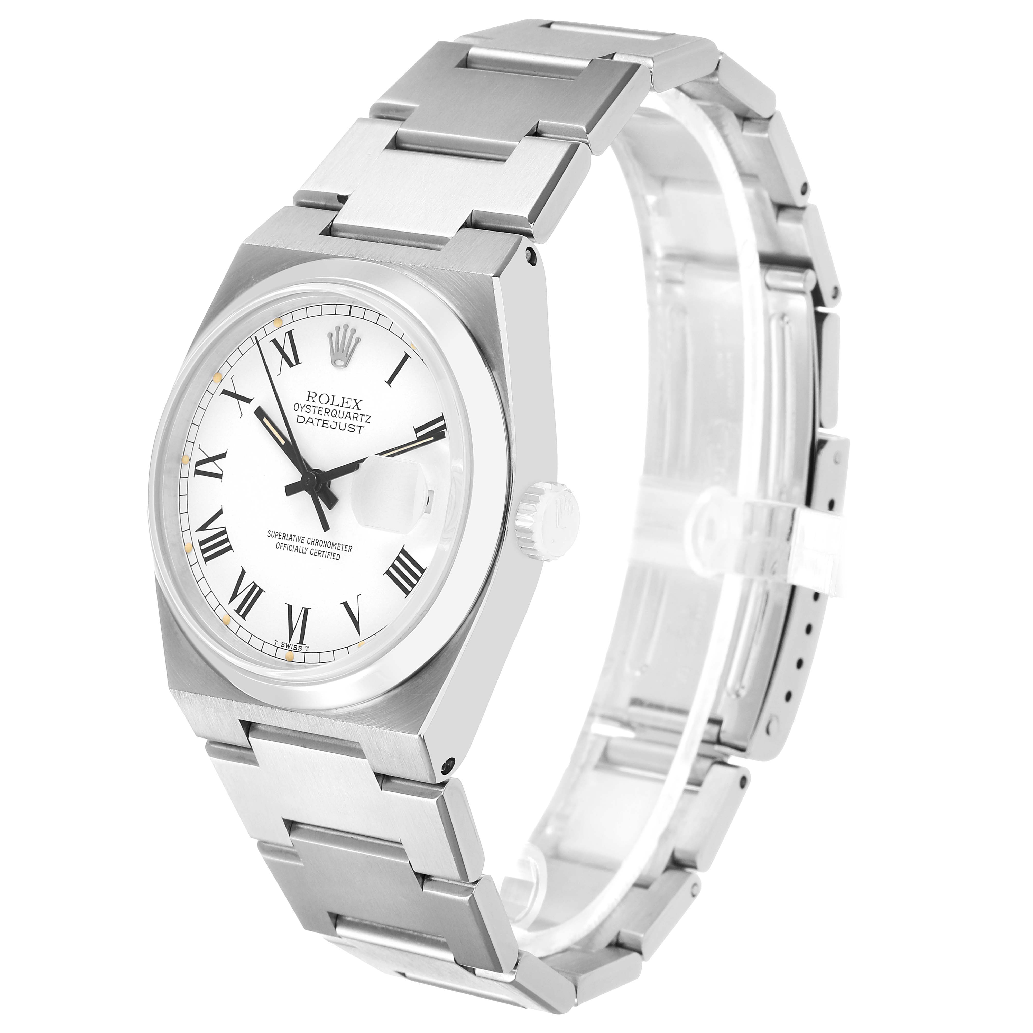 The Rolex Oysterquartz 17000 Men's Stainless Steel White Dial watch is shown at a three-quarter angle, highlighting its bracelet, case, and face with Roman numerals.