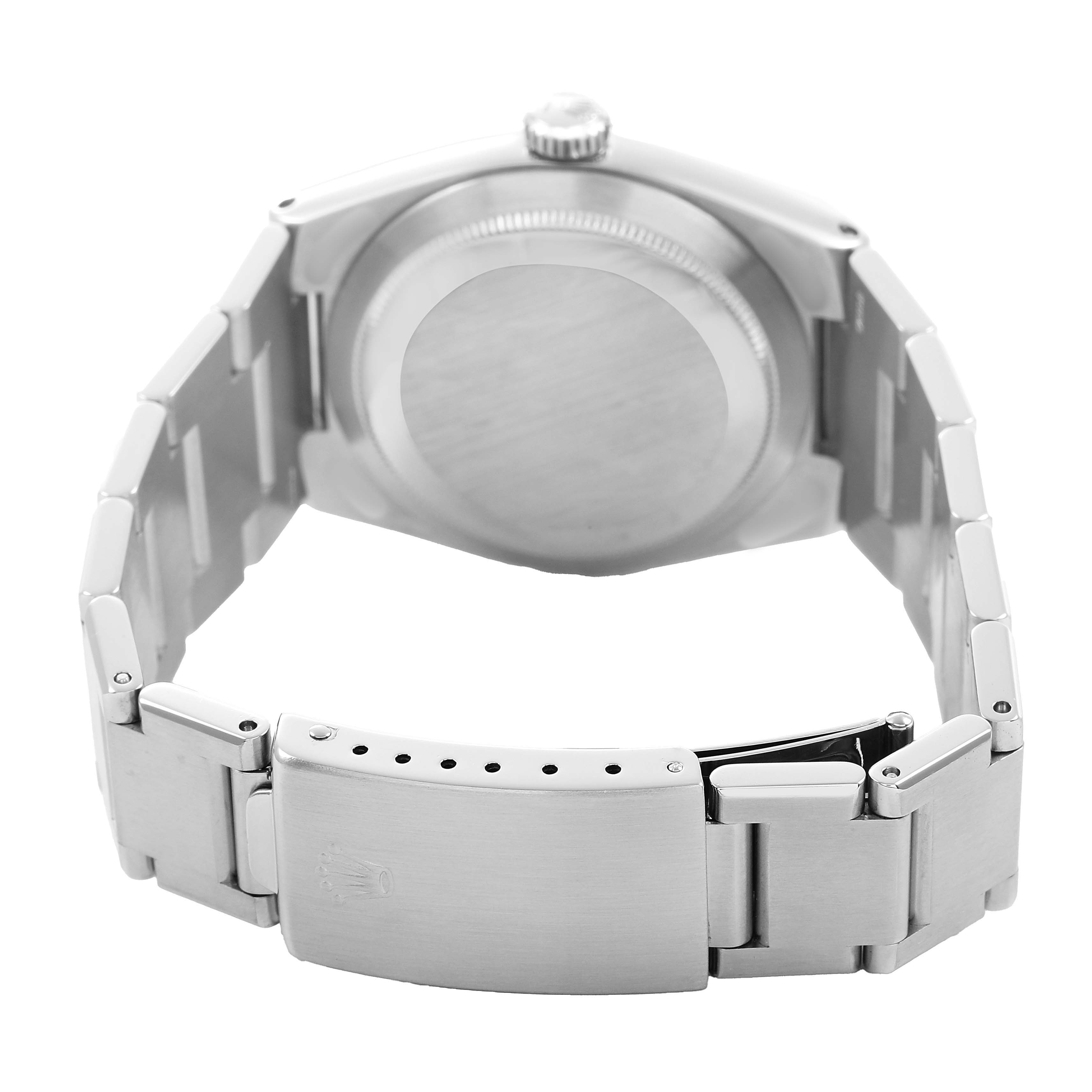The image shows the back and closed clasp of a Rolex Oysterquartz 17000 Men's Stainless Steel White Dial watch from a rear angle.