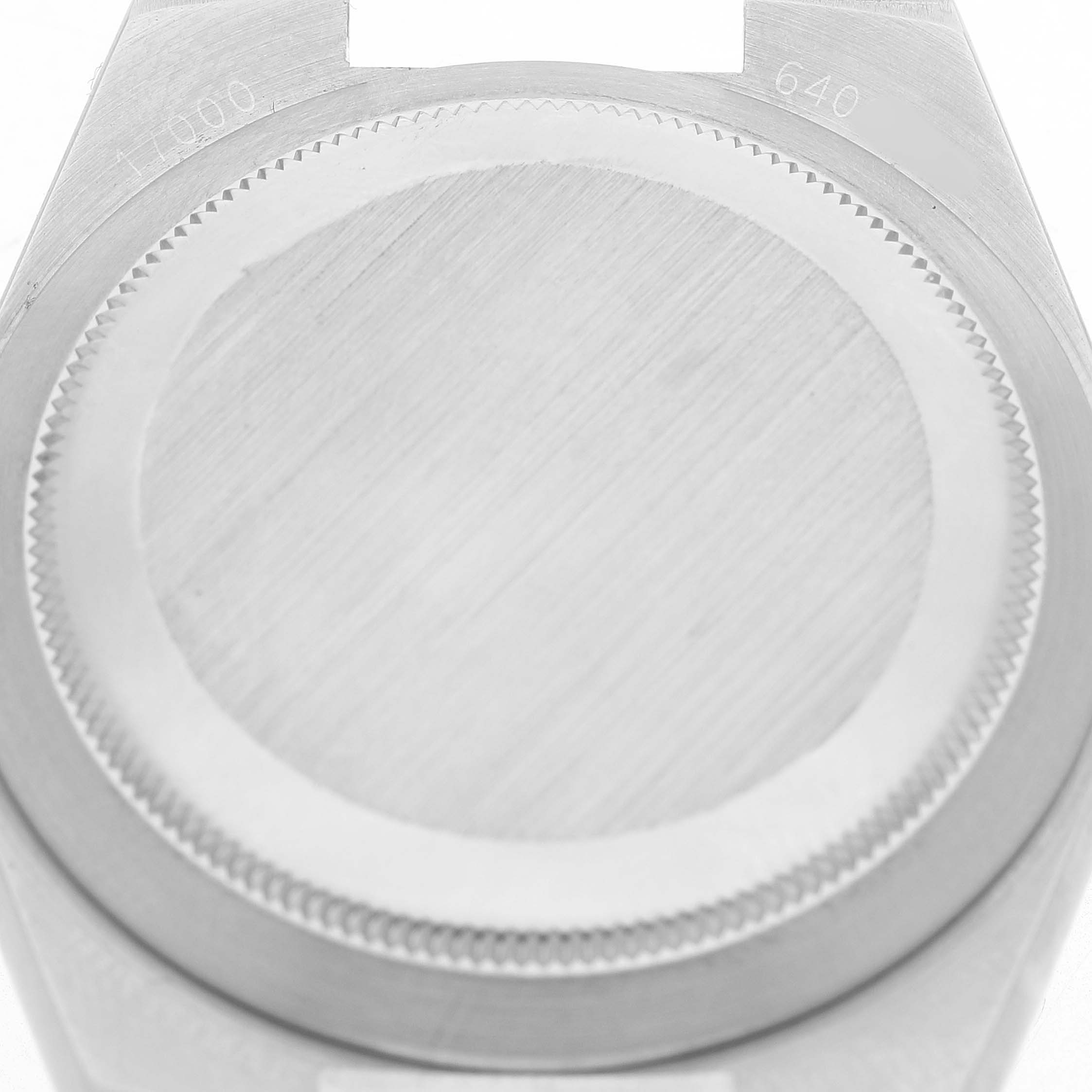 The image shows the back case of a Rolex Oysterquartz 17000 Men's Stainless Steel White Dial watch from a straight-on angle.