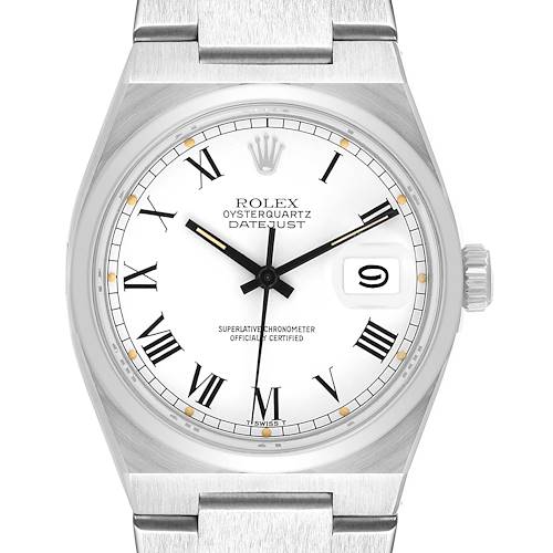The Rolex Oysterquartz 17000 Men's Stainless Steel White Dial watch is shown from a top view, highlighting the dial, hands, date window, and part of the strap.