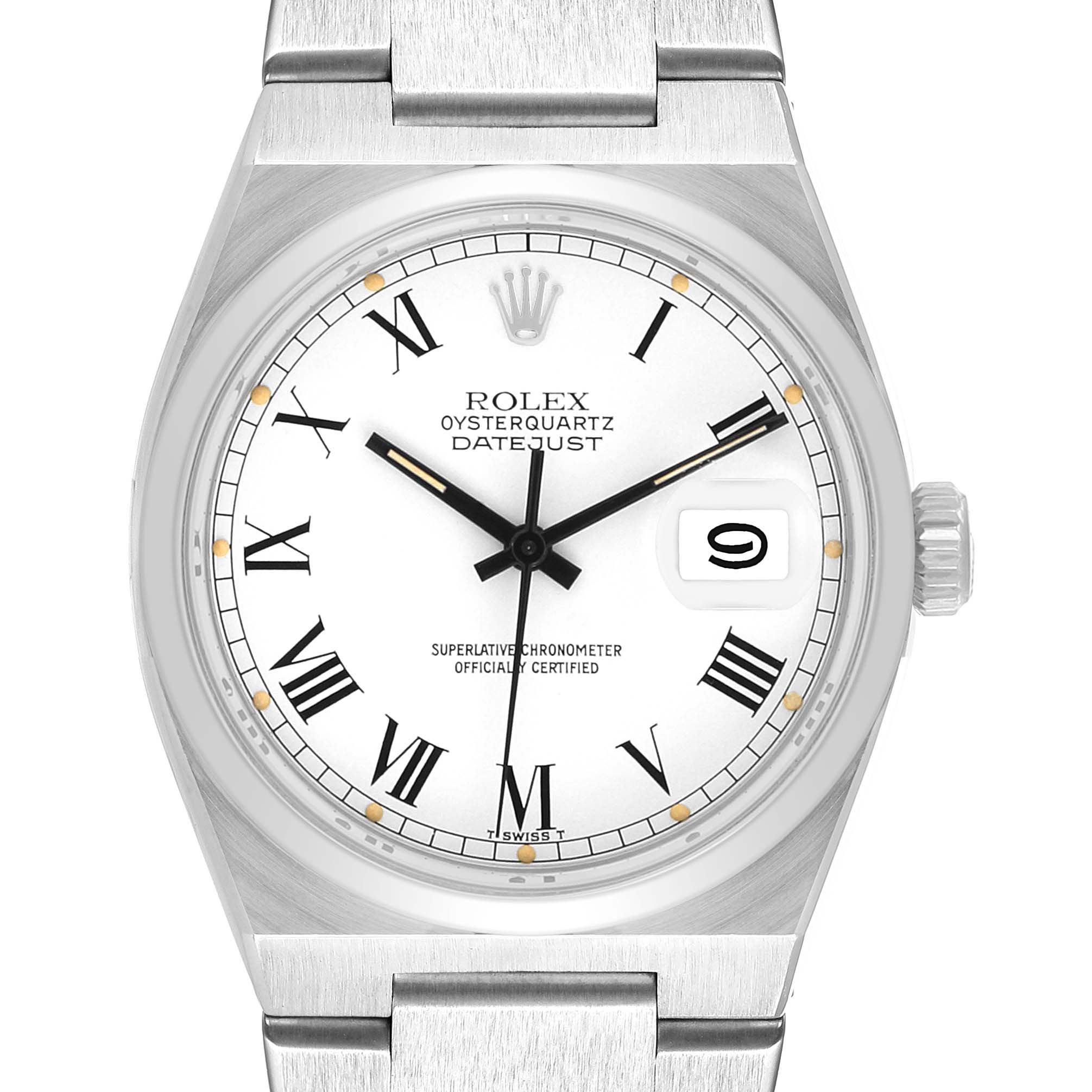The image shows a front view of a Rolex Oysterquartz 17000 Men's Stainless Steel White Dial watch, highlighting the dial, hands, and bracelet attachment.