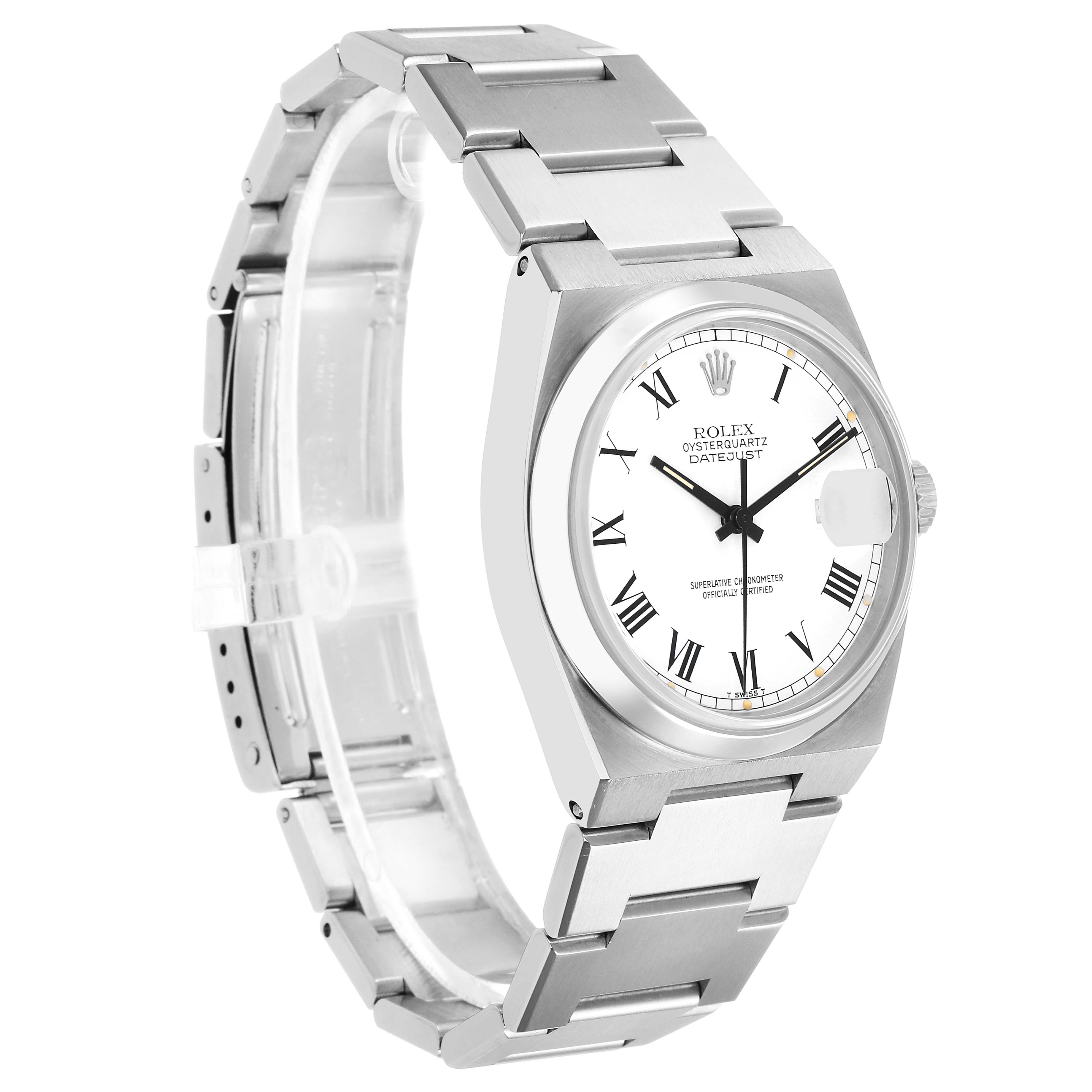 The Rolex Oysterquartz 17000 Men's Stainless Steel White Dial watch is shown at an angled side view, highlighting the case, bracelet, and dial with Roman numerals.