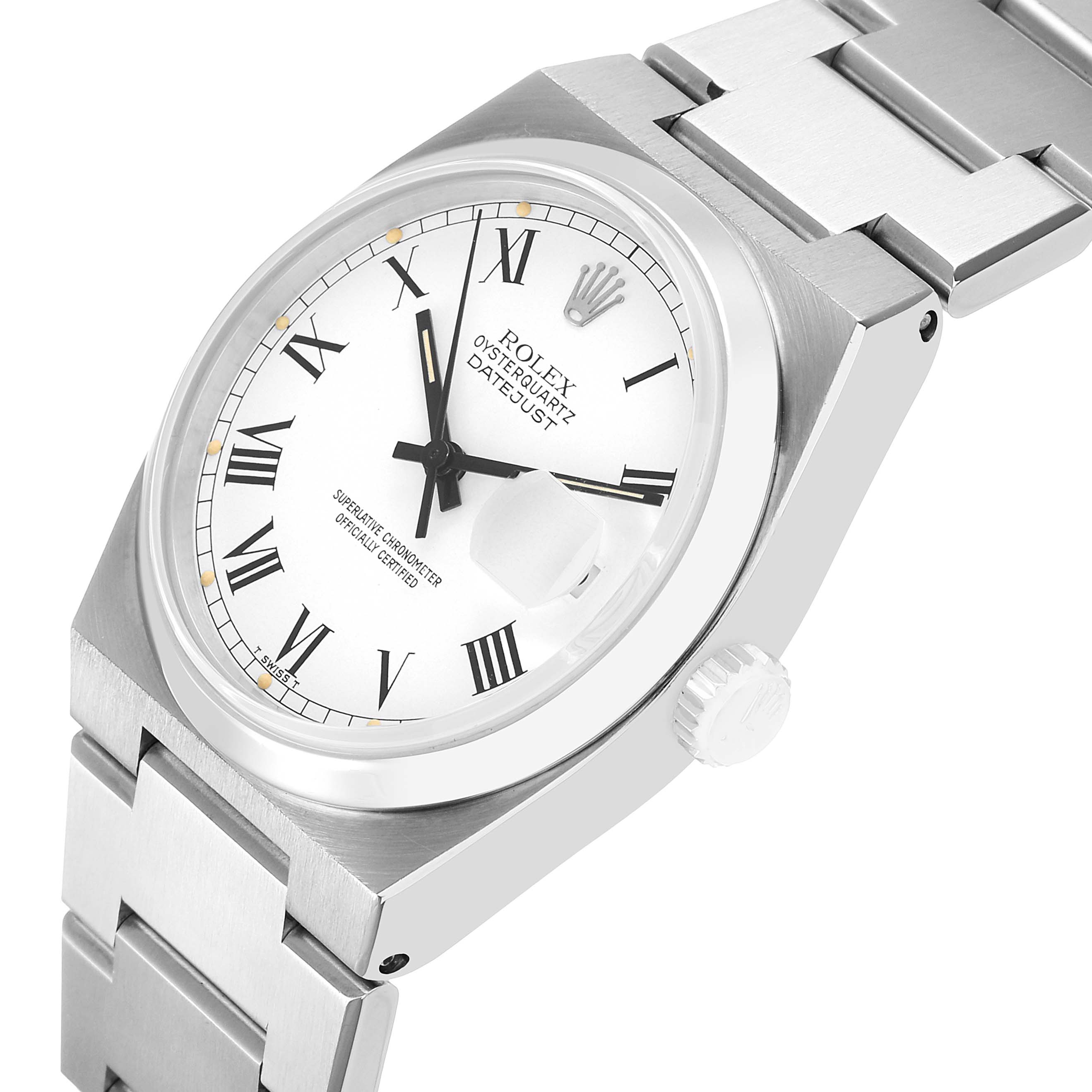 The Rolex Oysterquartz 17000 Men's Stainless Steel White Dial watch is angled to show the dial, case, bracelet, and crown.