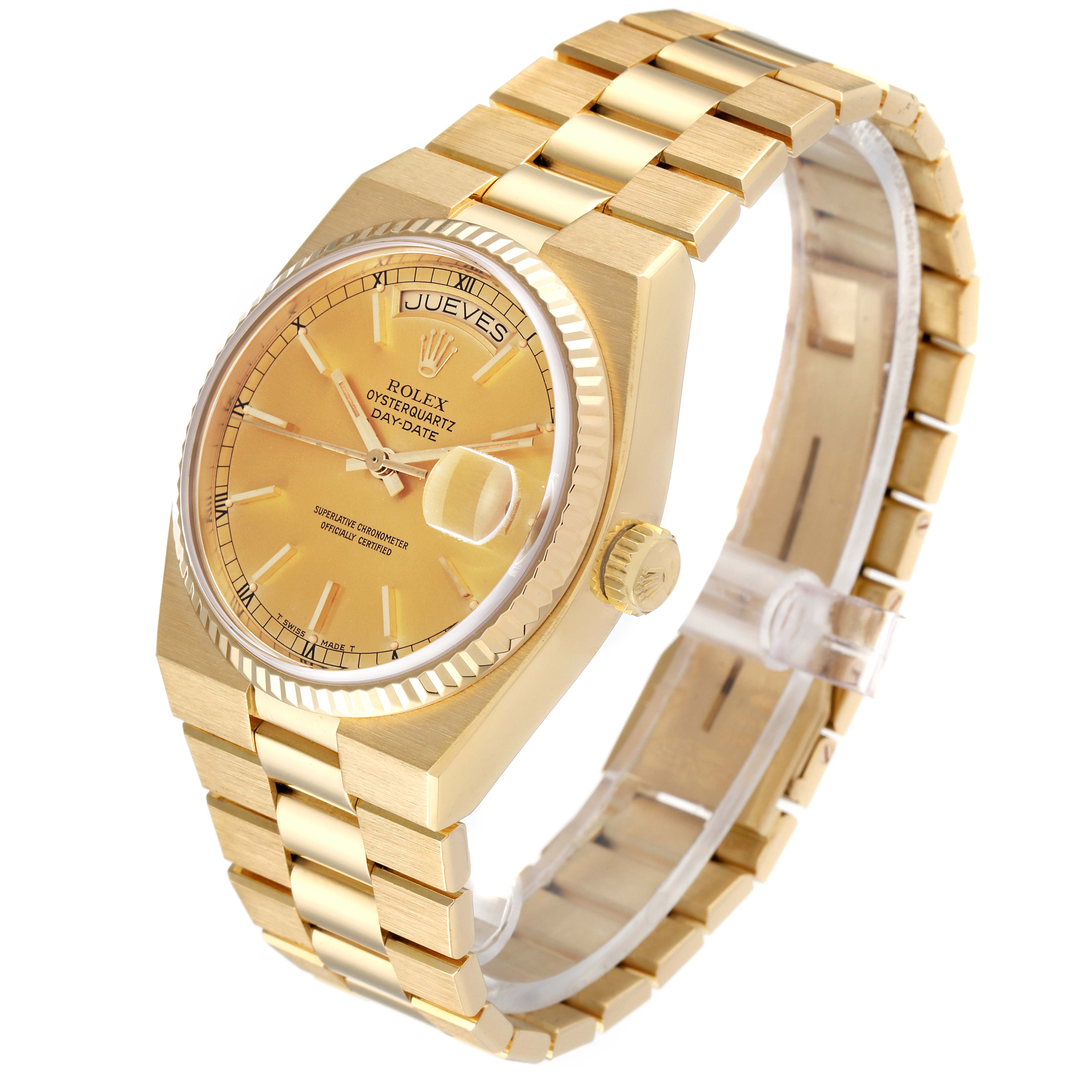 The image shows a side angle of the Rolex Oysterquartz 19018 Men
s Yellow Gold Champagne Dial 19018 Men
s Yellow Gold Champagne Dial watch, highlighting its gold case, dial, and bracelet.