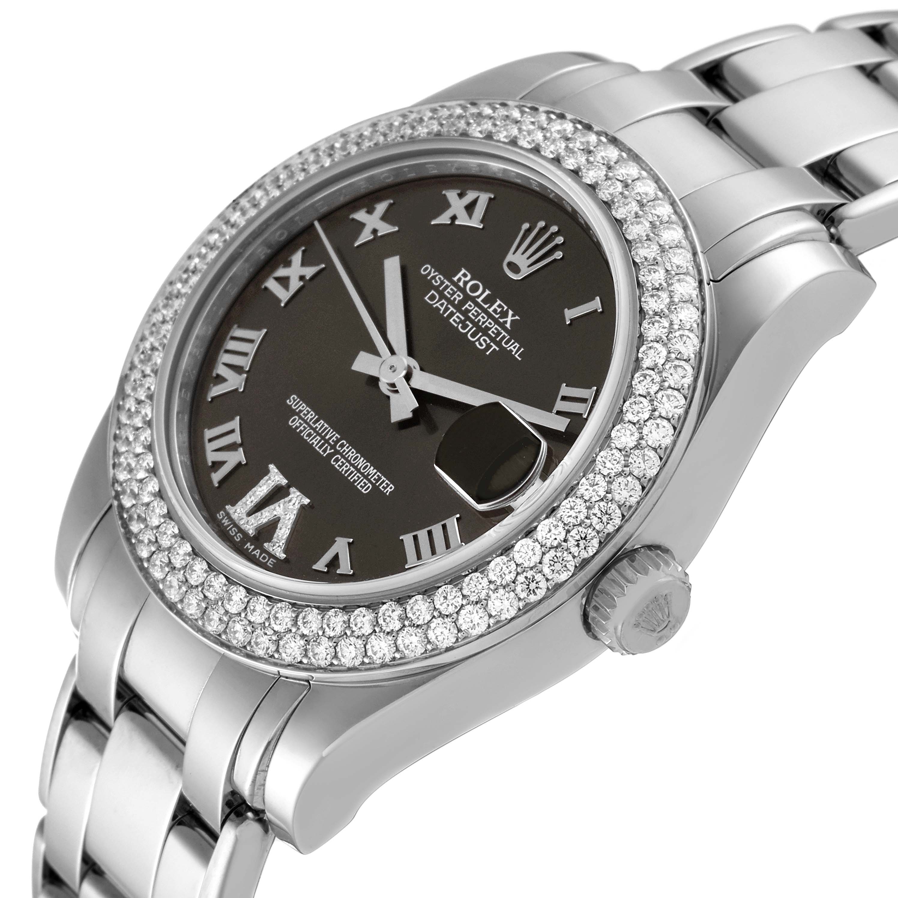 The image shows a close-up angled view of the Rolex Pearlmaster 81339 Women's White Gold Brown Dial 81339 Women's White Gold Brown Dial watch, displaying the dial, bezel, and part of the bracelet.