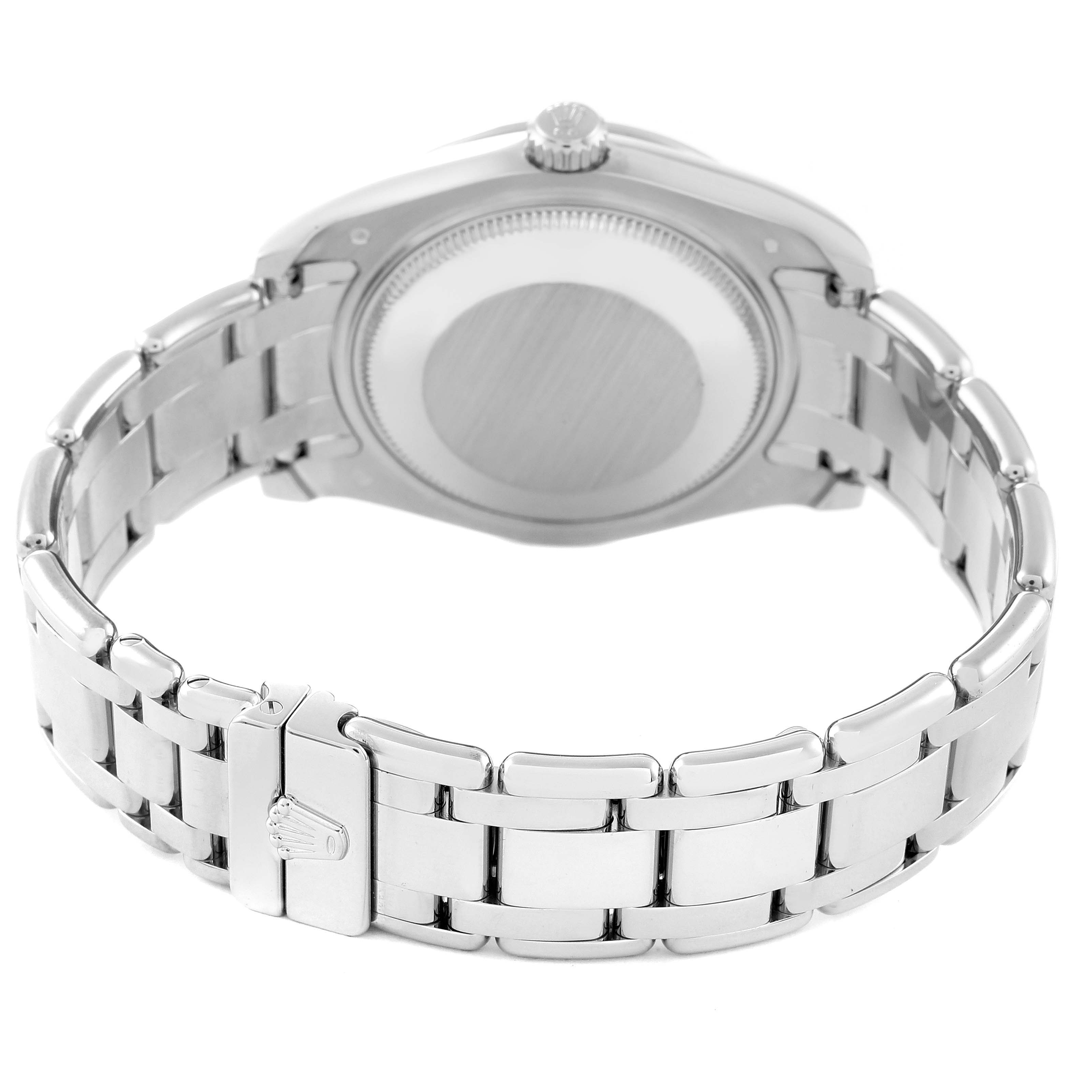 This image shows the back and clasp of a Rolex Pearlmaster 81339 Women's White Gold Brown Dial 81339 Women's White Gold Brown Dial watch from a rear angle.