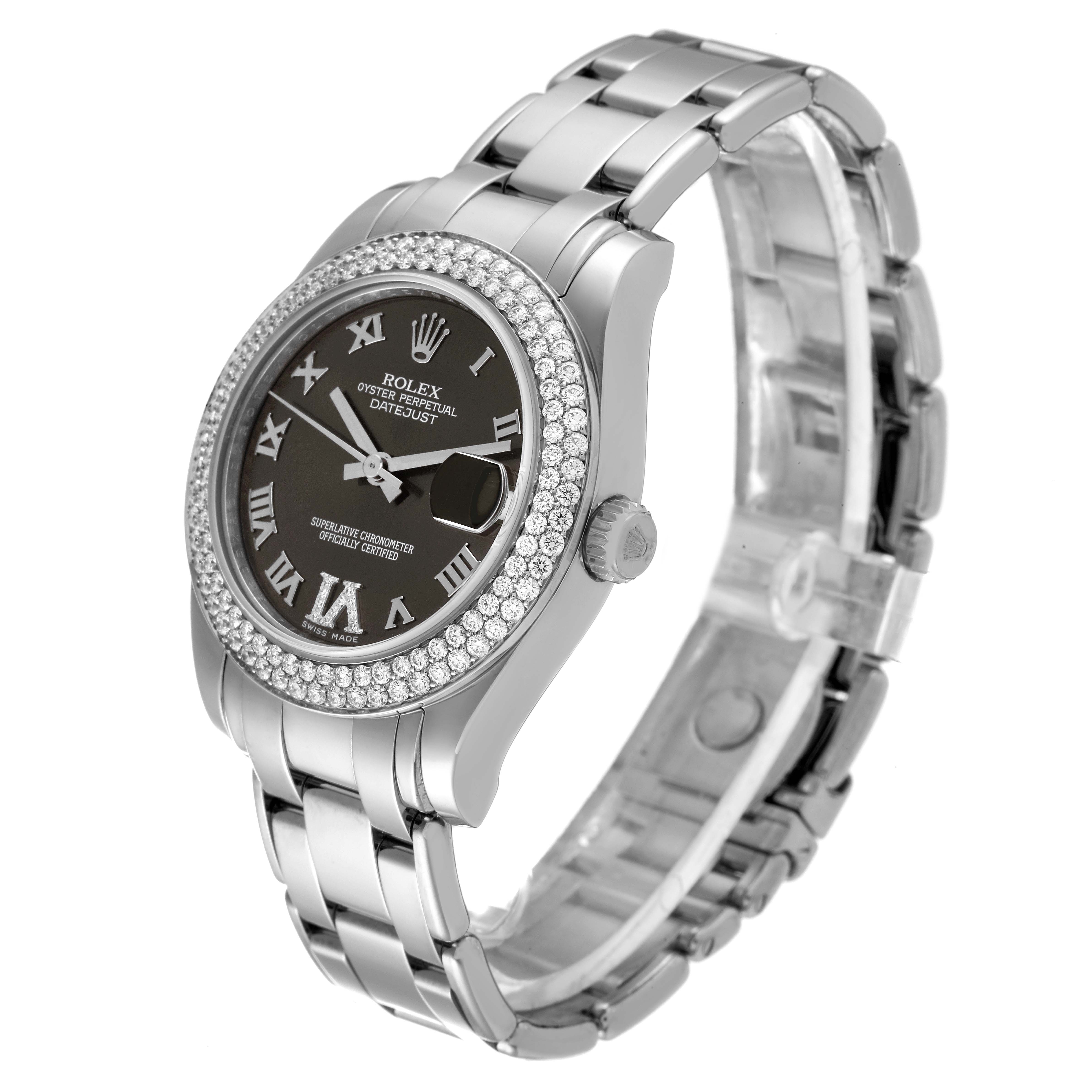 The image shows a side view of a Rolex Pearlmaster 81339 Women's White Gold Brown Dial 81339 Women's White Gold Brown Dial watch, highlighting its dial, bezel, crown, and bracelet.
