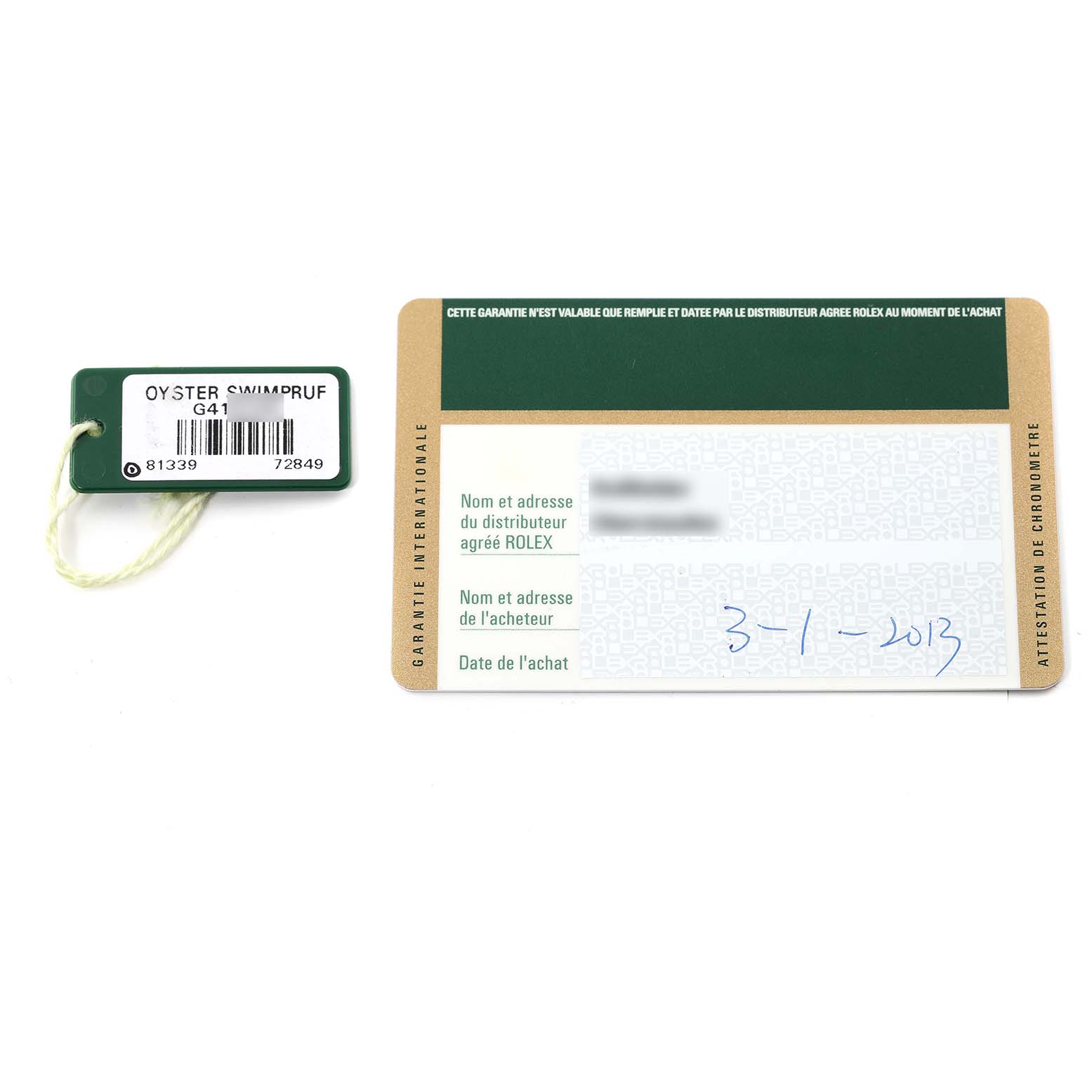 The image shows a Rolex Pearlmaster 81339 Women's White Gold Brown Dial 81339 Women's White Gold Brown Dial model warranty card and a green tag labeled "Oyster Swimpruf."