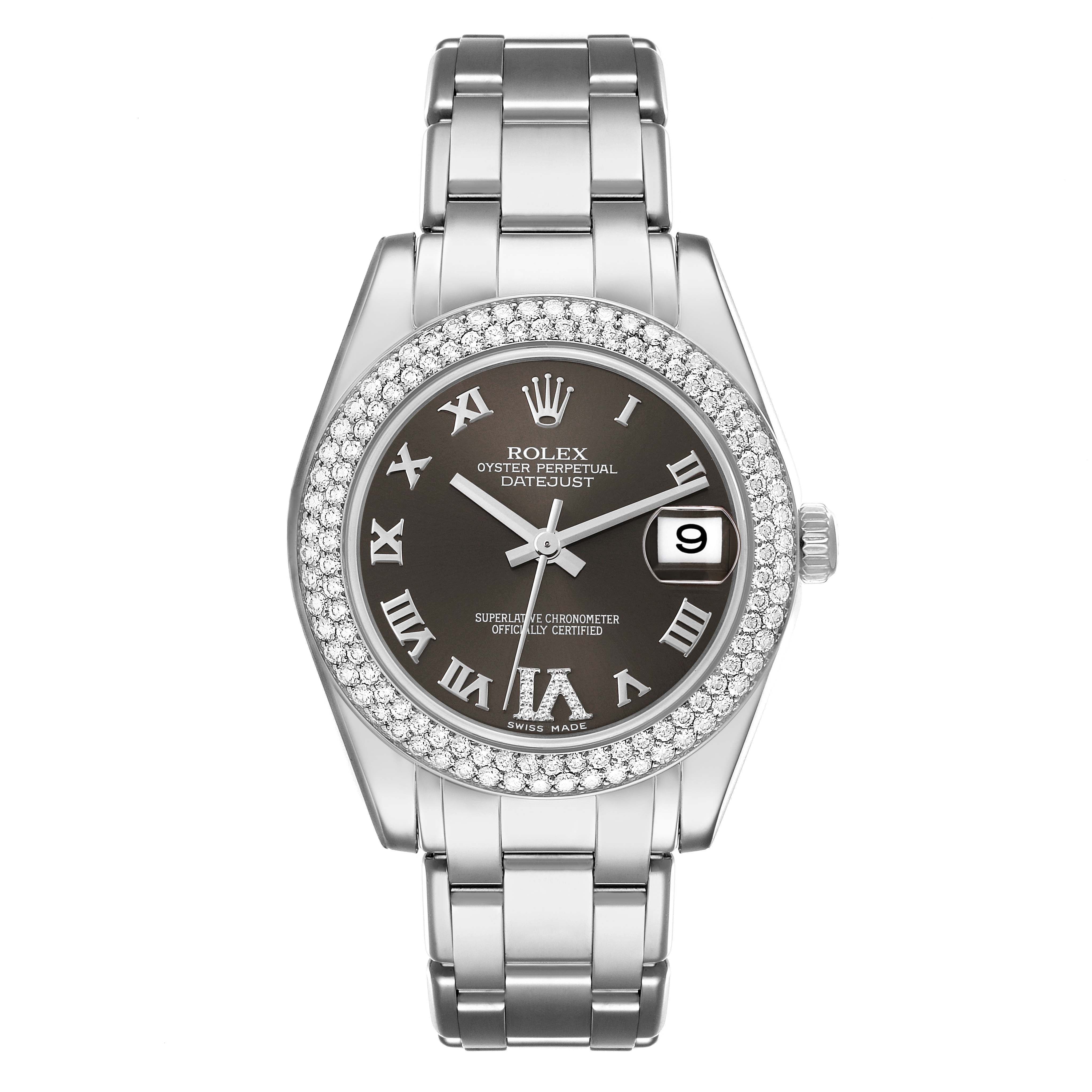 This is a front view of a Rolex Pearlmaster 81339 Women's White Gold Brown Dial 81339 Women's White Gold Brown Dial watch, showing its bezel, dial, hands, and bracelet.