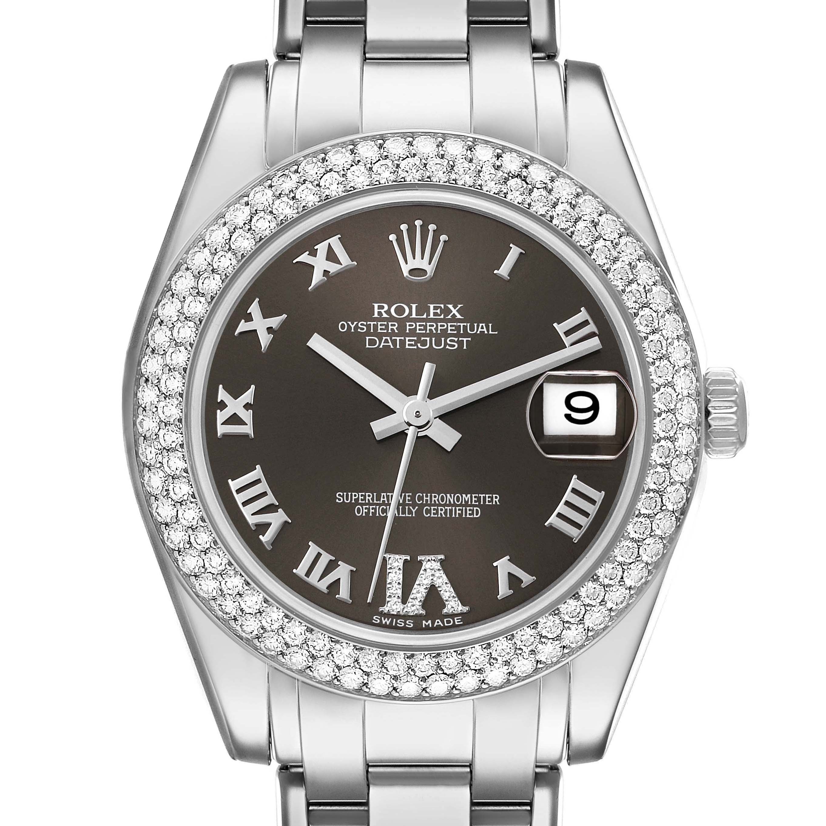 This image shows a front view of the Rolex Pearlmaster 81339 Women's White Gold Brown Dial 81339 Women's White Gold Brown Dial watch, highlighting its dial, bezel, and part of the bracelet.