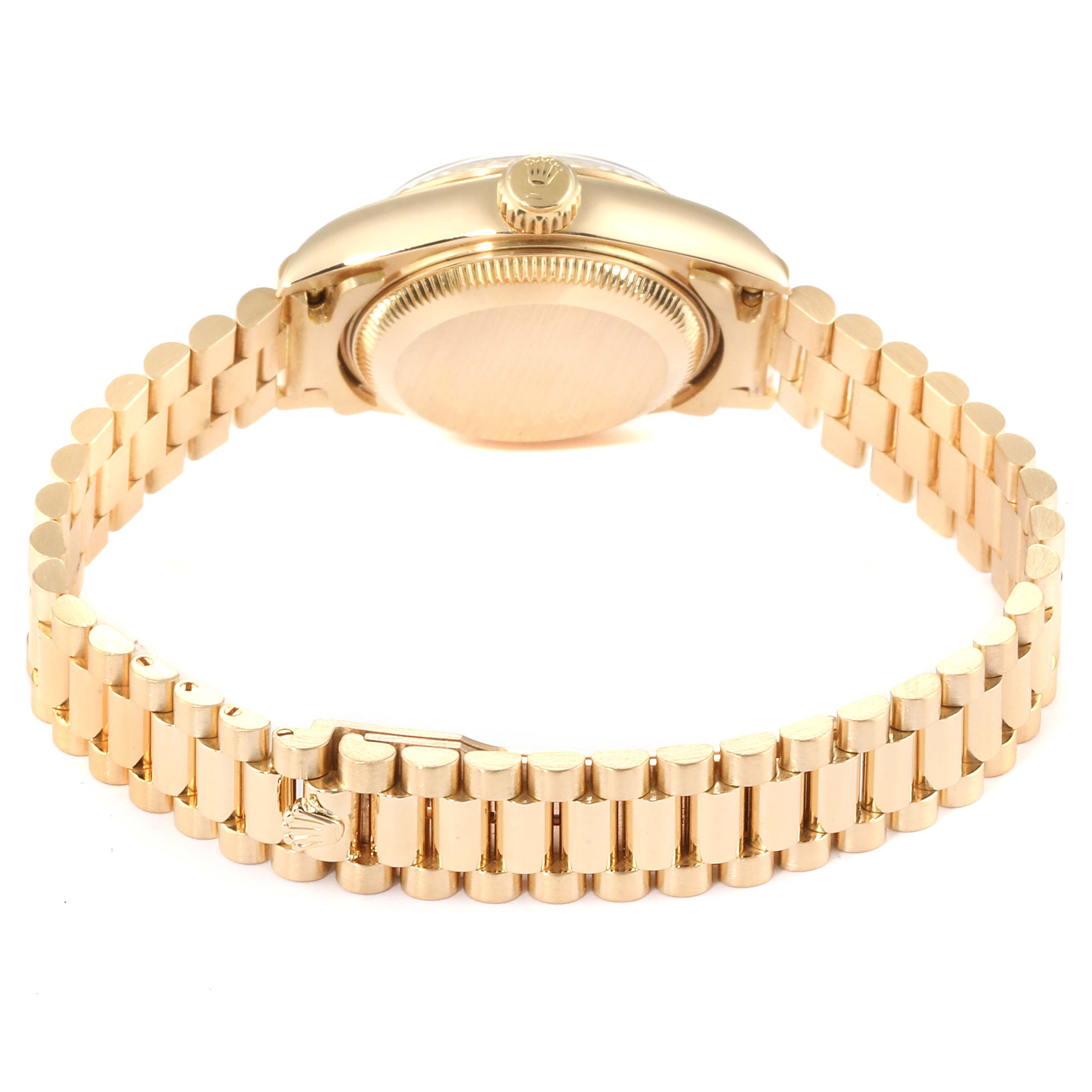 This image shows the back and side view of a Rolex President 69178 Women
s Yellow Gold Champagne Dial 69178 Women
s Yellow Gold Champagne Dial model watch, highlighting its bracelet and case.