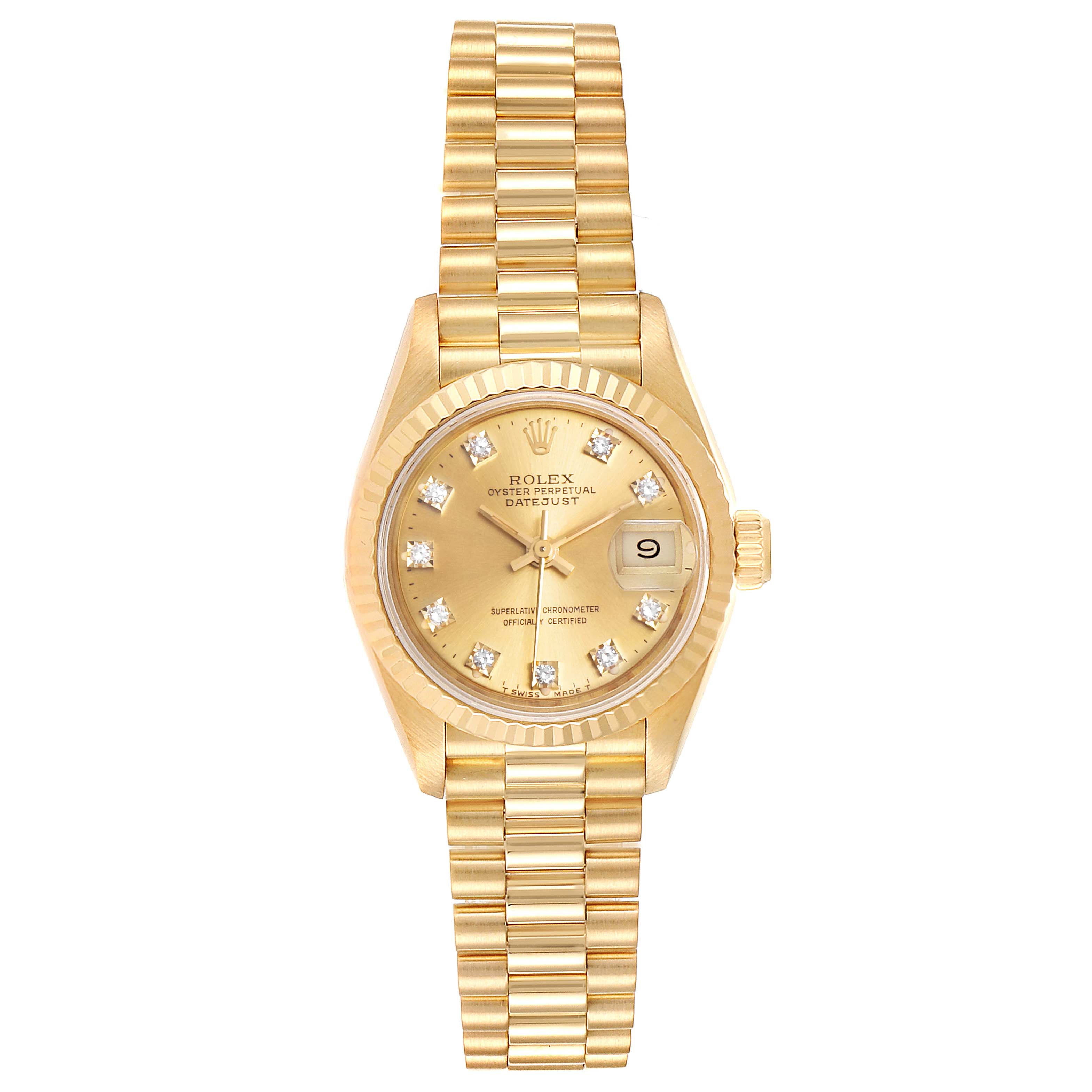 The Rolex President 69178 Women
s Yellow Gold Champagne Dial 69178 Women
s Yellow Gold Champagne Dial model watch is shown from a top-down angle, featuring its gold band, dial, and date window.