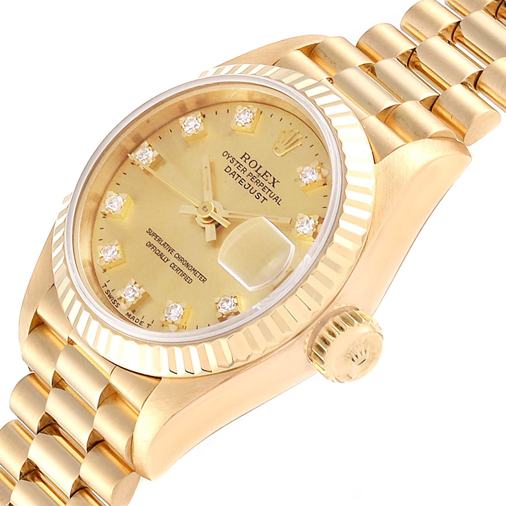 The image shows a close-up angle of the Rolex President 69178 Women
s Yellow Gold Champagne Dial 69178 Women
s Yellow Gold Champagne Dial model watch, highlighting its bezel, dial, crown, and bracelet.