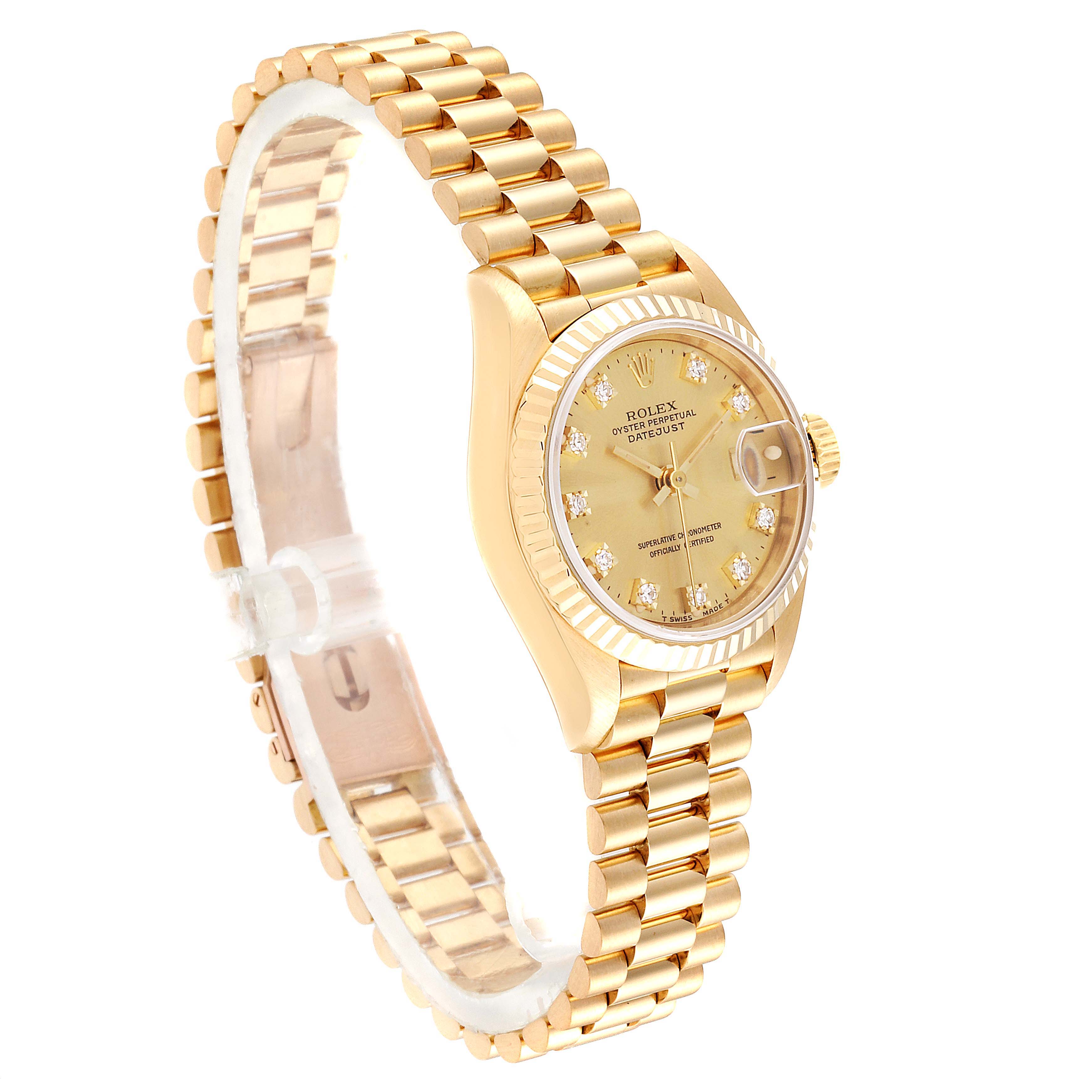 The image shows a side-angle view of a Rolex President 69178 Women
s Yellow Gold Champagne Dial 69178 Women
s Yellow Gold Champagne Dial model watch, highlighting its bracelet, case, and diamond-accented dial.