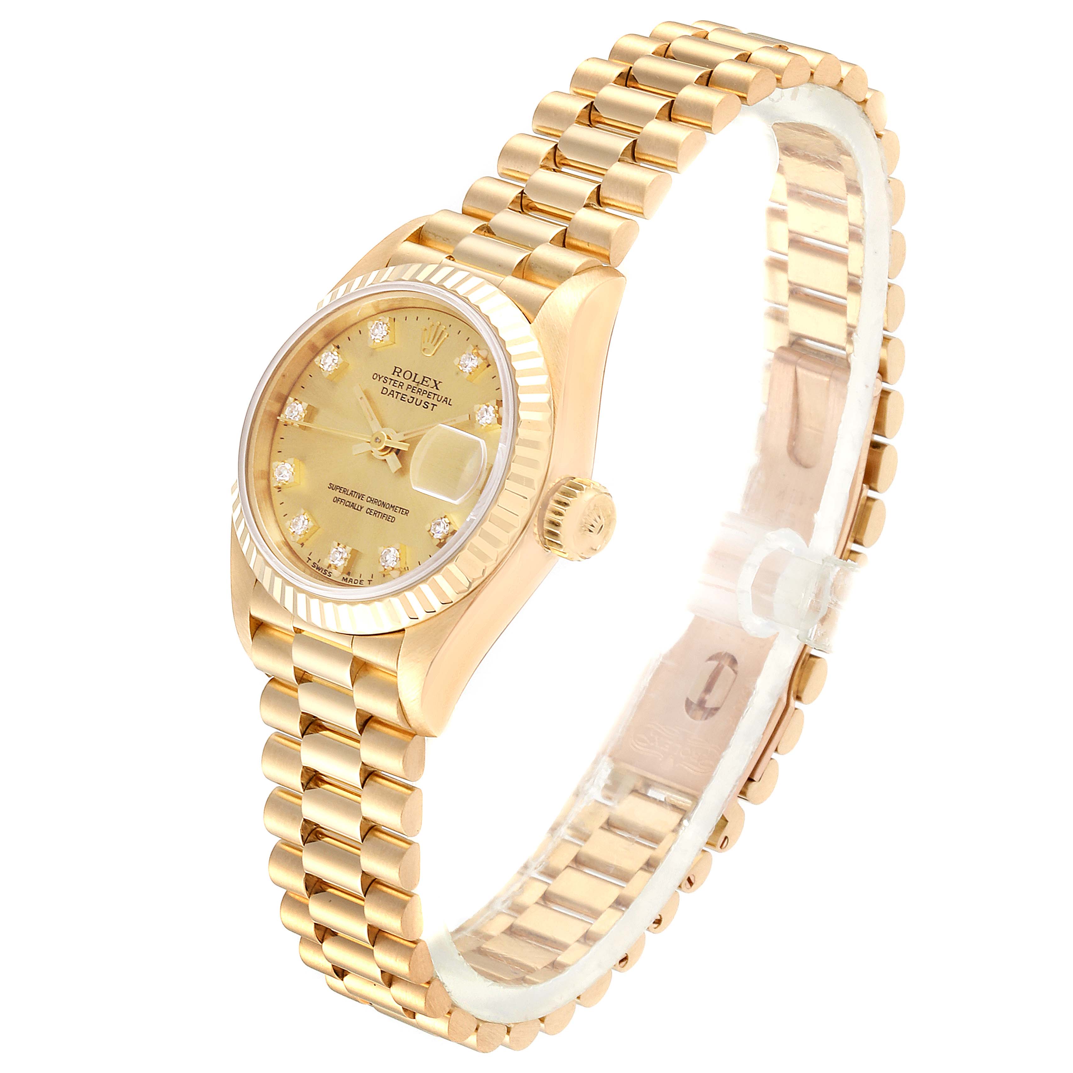 This Rolex President 69178 Women
s Yellow Gold Champagne Dial 69178 Women
s Yellow Gold Champagne Dial model watch is shown from an angled side view, displaying the dial, crown, and bracelet.
