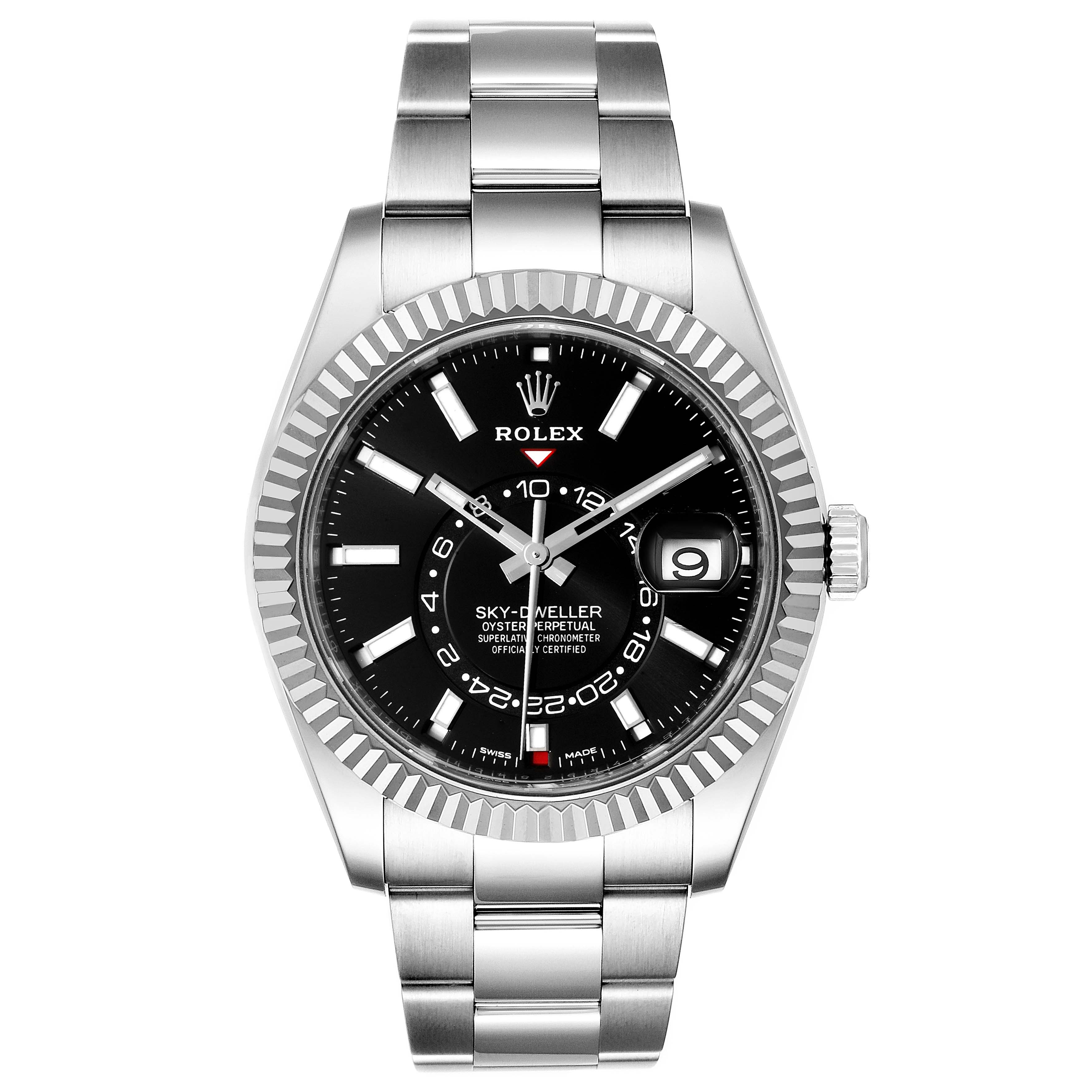 This Rolex Sky-Dweller 326934 Men's Stainless Steel Black Dial 326934 Men's Stainless Steel Black Dial watch is shown from the front, highlighting its black dial, stainless steel bracelet, and fluted bezel.