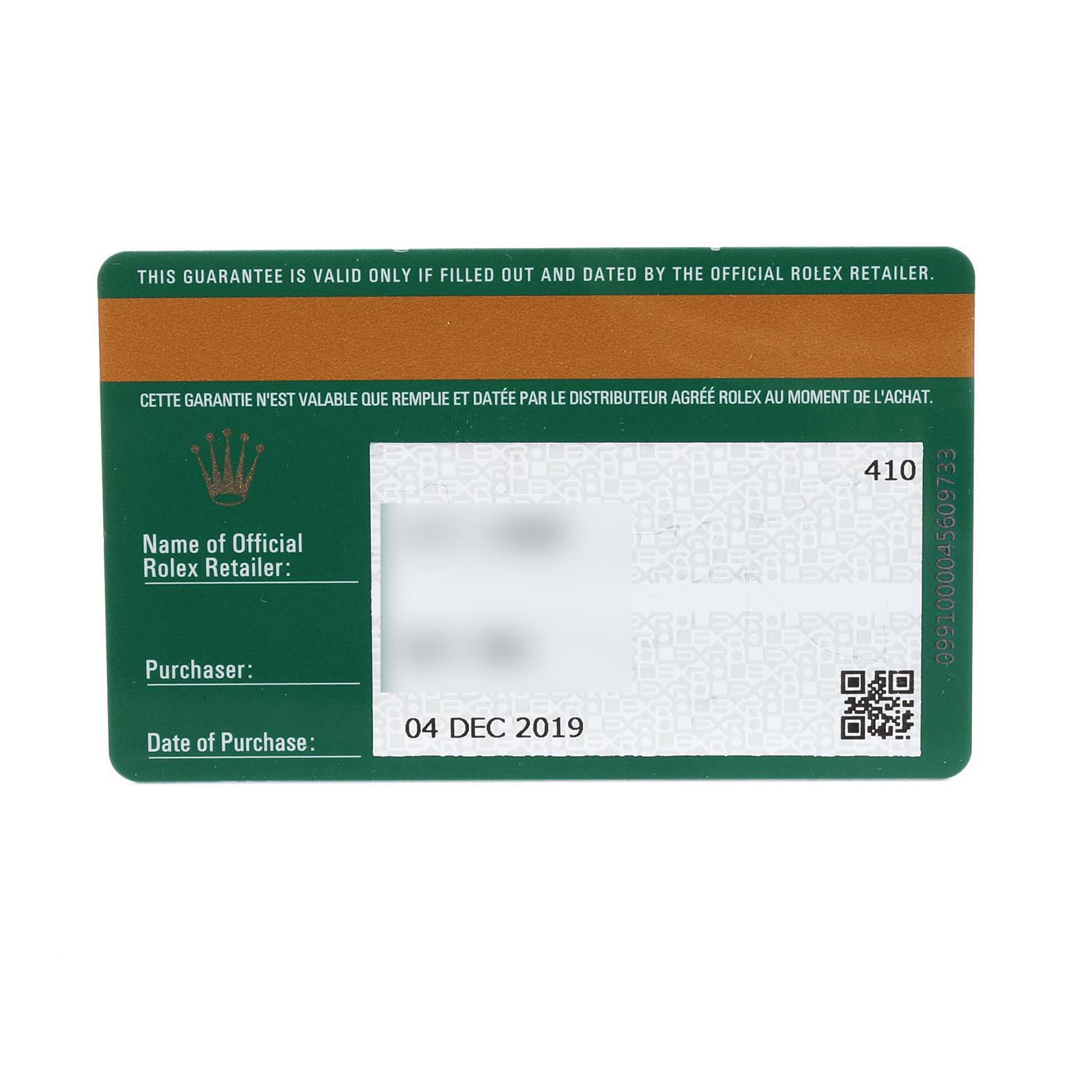 This image shows the warranty card for the Rolex Sky-Dweller 326934 Men's Stainless Steel Black Dial 326934 Men's Stainless Steel Black Dial watch model, featuring the date of purchase and retailer information.