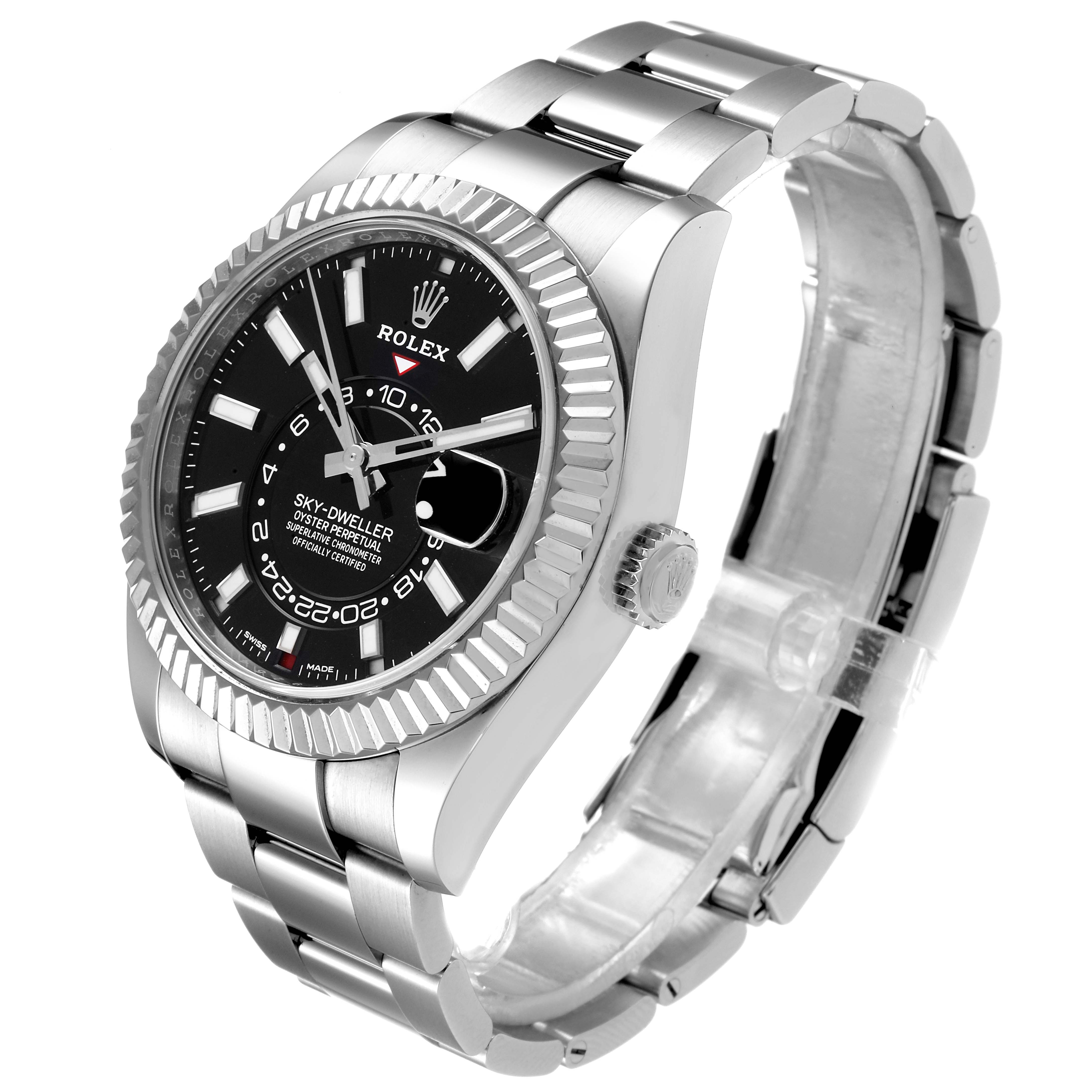 This Rolex Sky-Dweller 326934 Men's Stainless Steel Black Dial 326934 Men's Stainless Steel Black Dial watch is shown from an angled side view, highlighting the face, bezel, crown, and bracelet.
