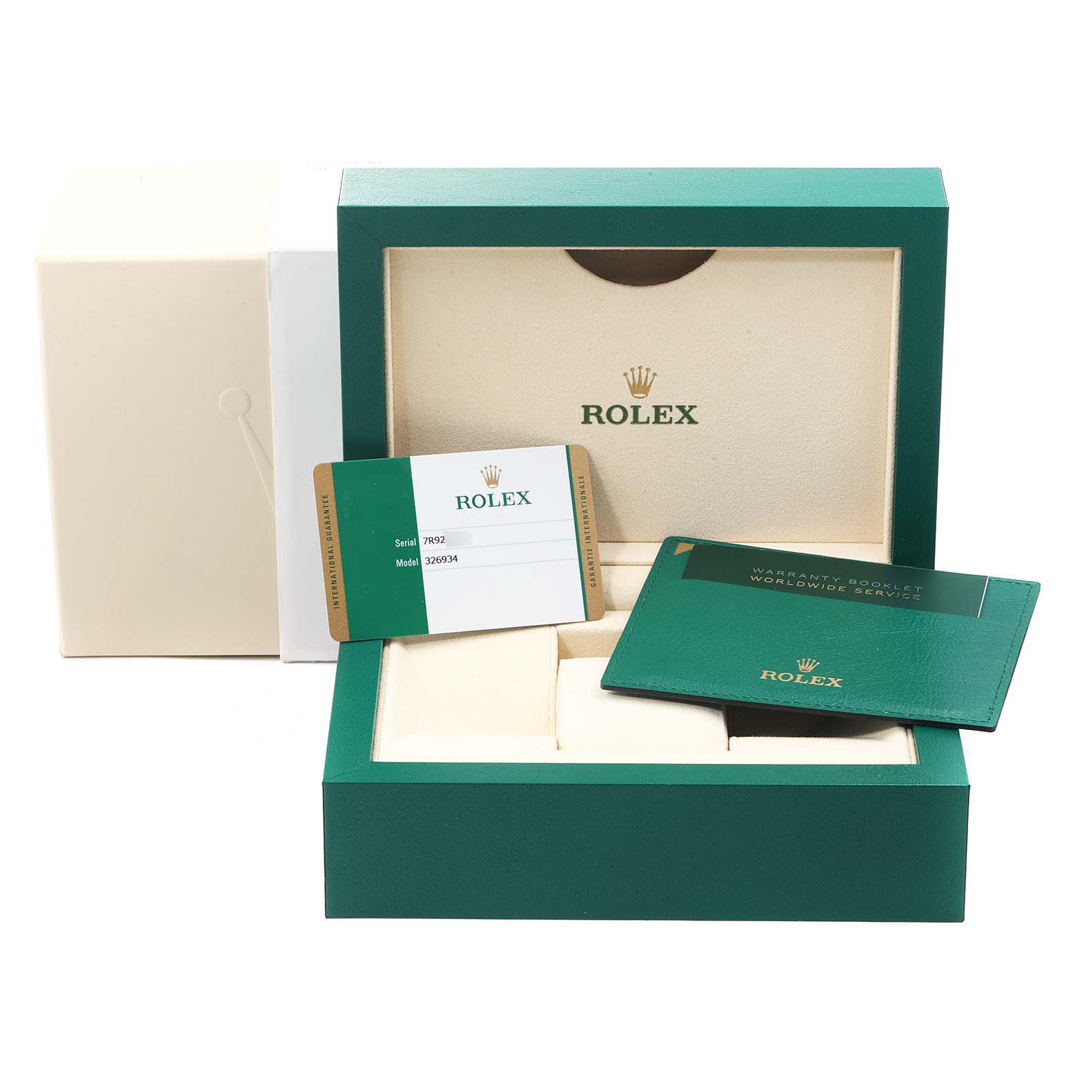 The image shows a Rolex Sky-Dweller 326934 Men's Stainless Steel Black Dial 326934 Men's Stainless Steel Black Dial watch box, warranty booklet, green card holder, and a serial/model card.
